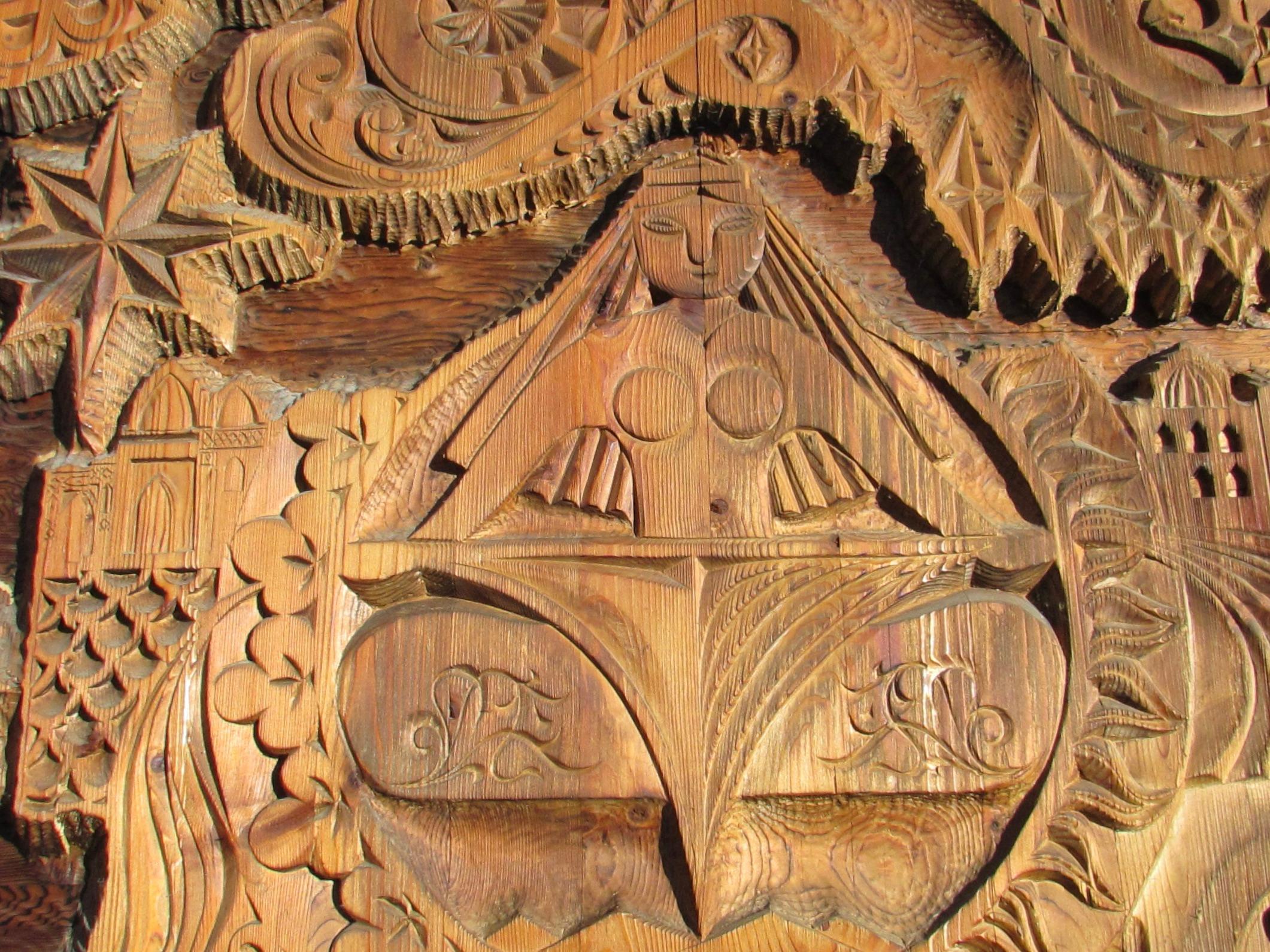 Cedar Large and Impressive Eastern European Folk Art Carved Panel Mermaid Siren Sun For Sale