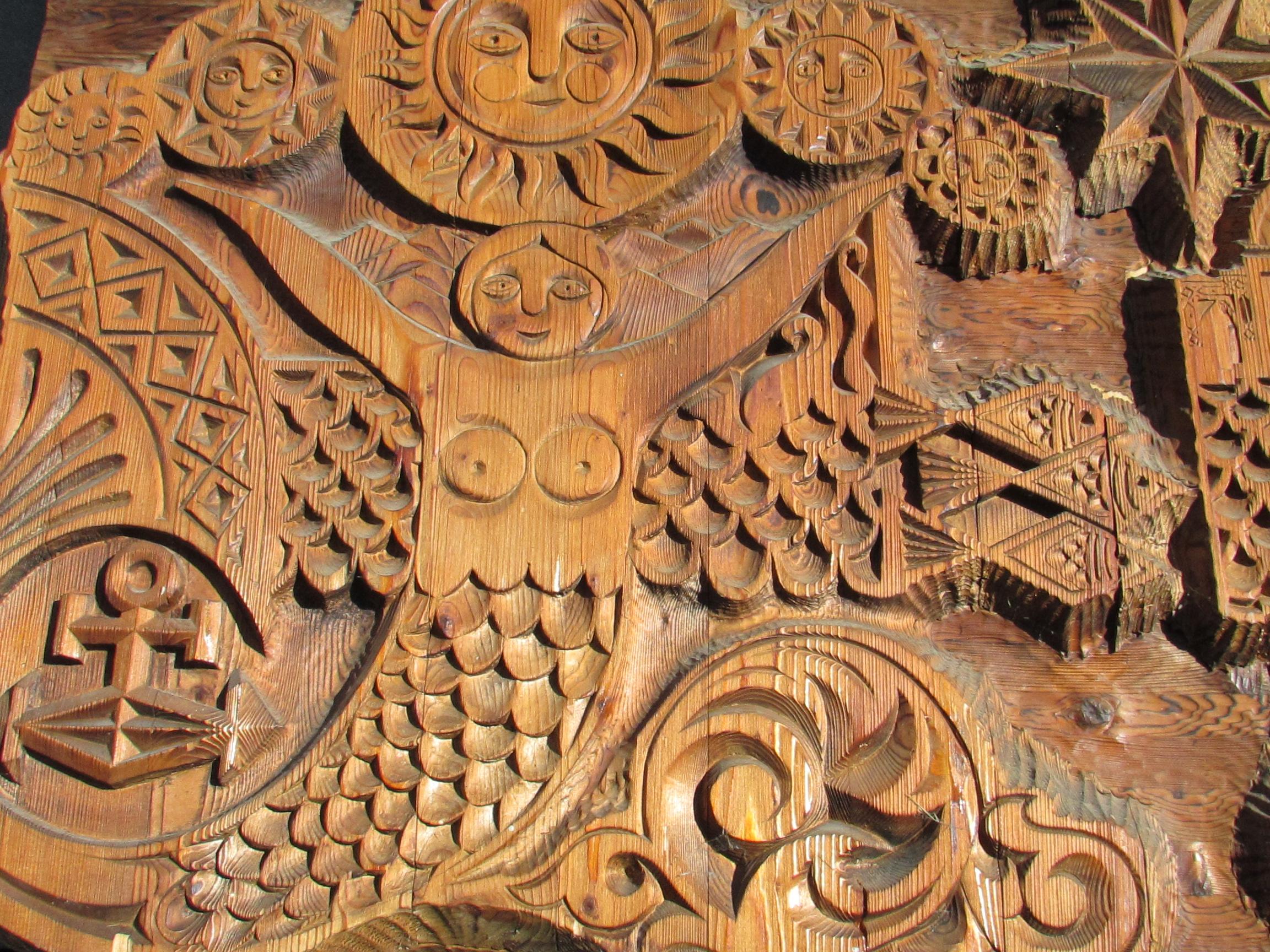 Large and Impressive Eastern European Folk Art Carved Panel Mermaid Siren Sun For Sale 1