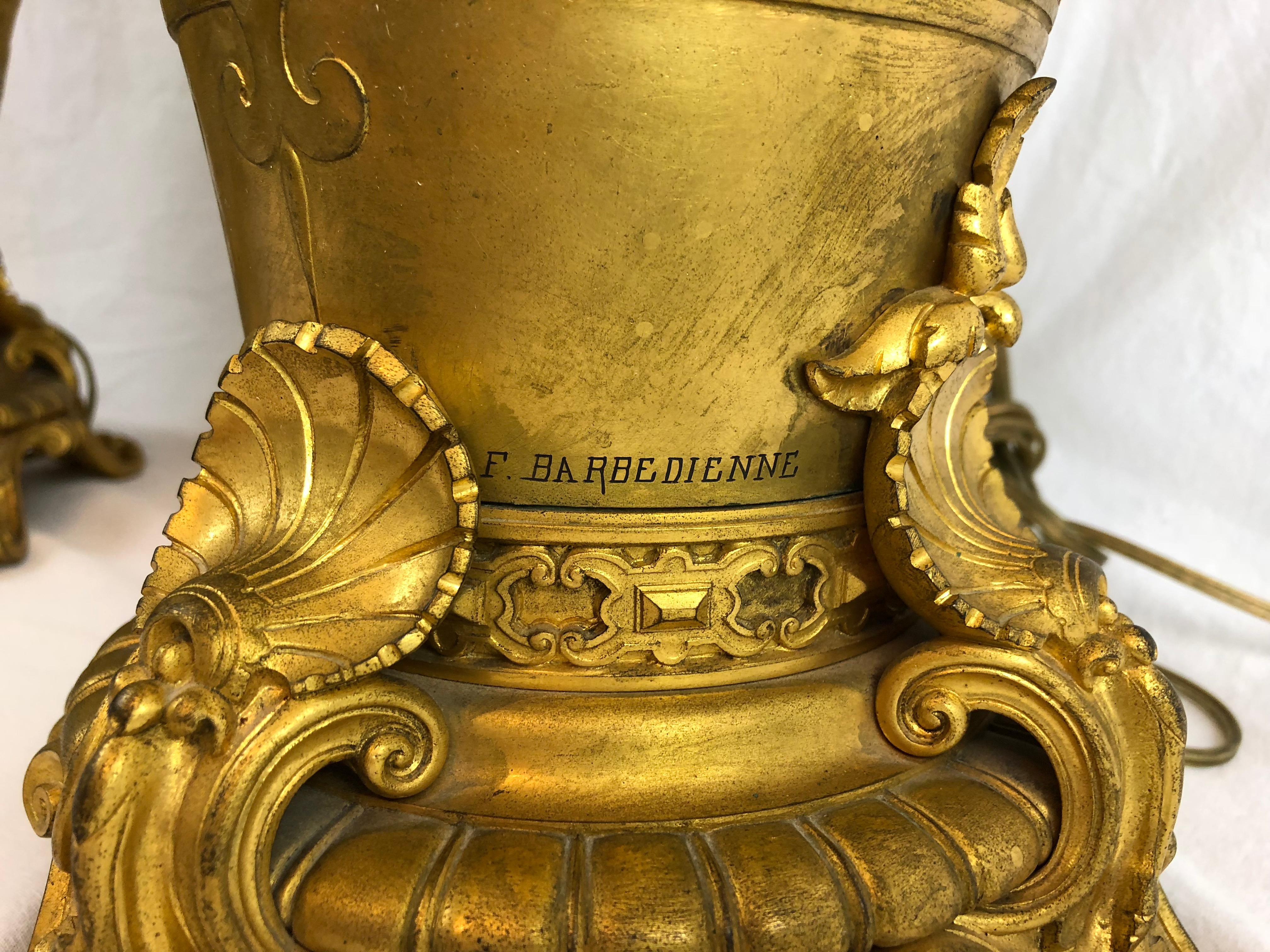 Large pair of F. Barbedienne signed urns in gilt bronze. Mounted as lamps

Third quarter 19th century 

Each urn is 23.5