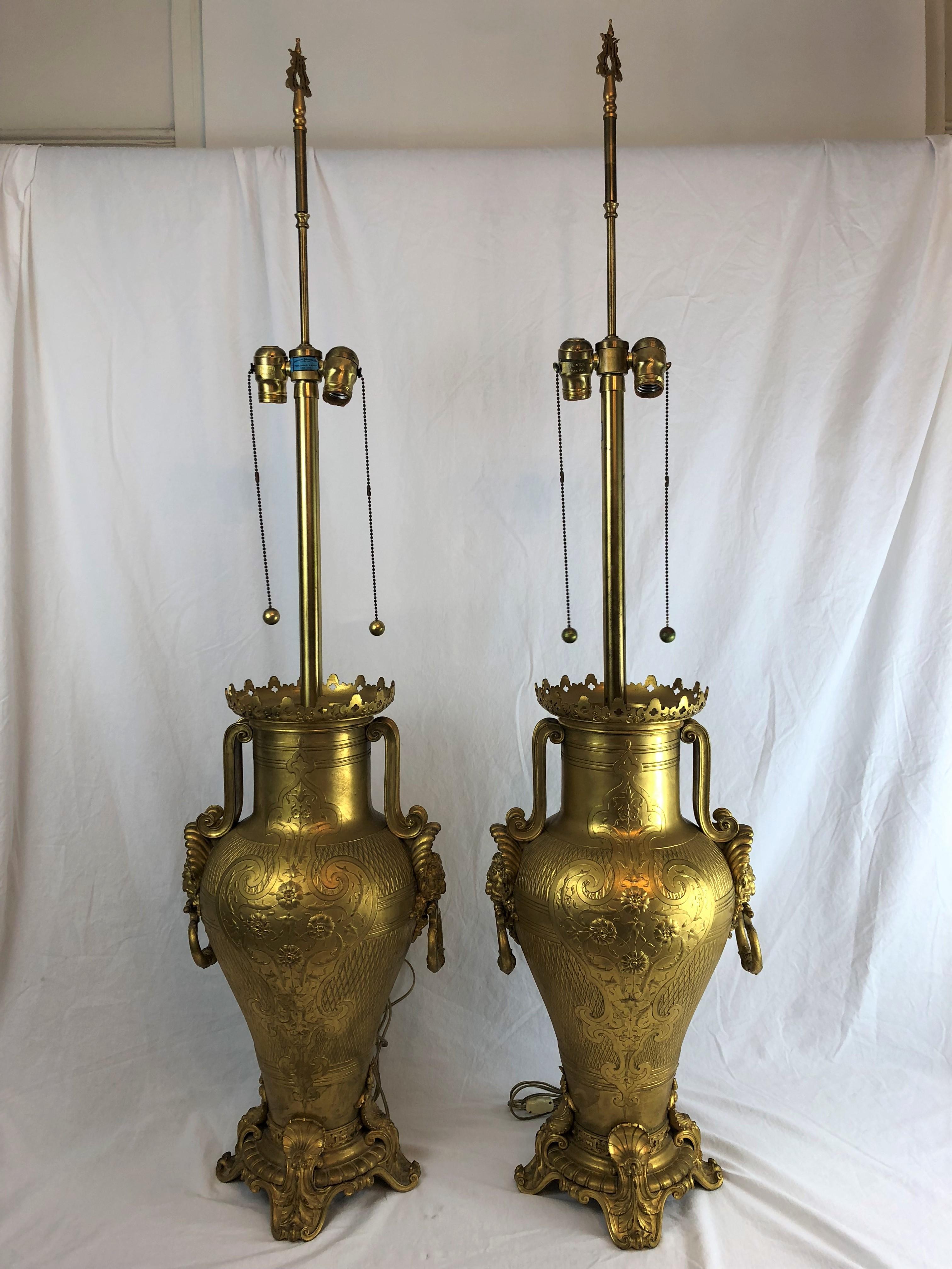 19th Century Large and Impressive F. Barbedienne, Pair of Dore, Gilt Bronze Urn Lamps