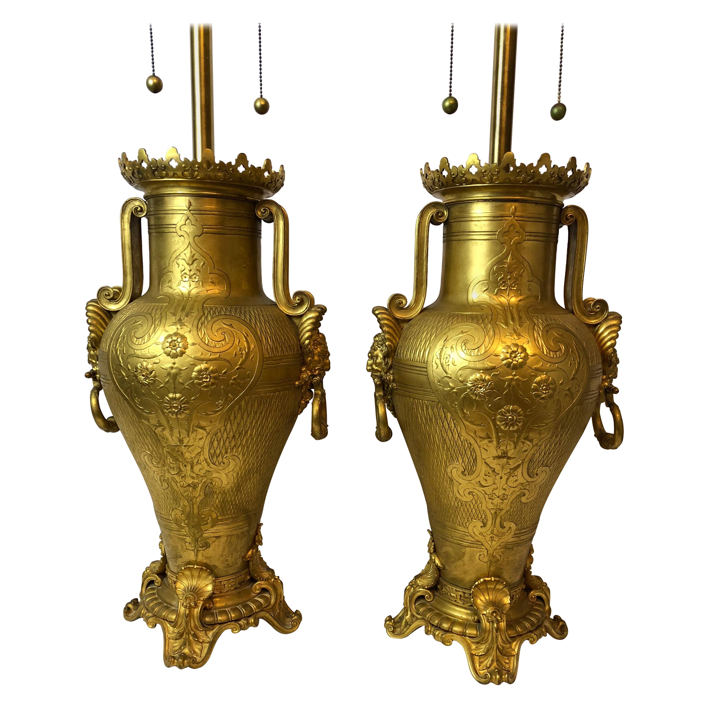 Large and Impressive F. Barbedienne, Pair of Dore, Gilt Bronze Urn Lamps
