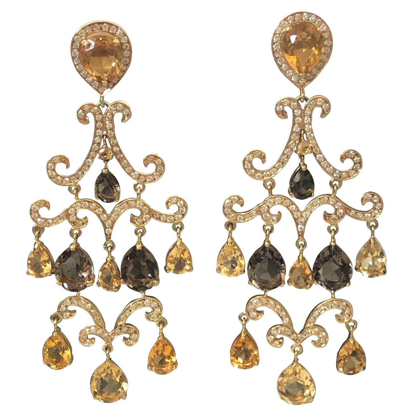 Large and Impressive Gold Diamond and Citrine Chandelier Earrings