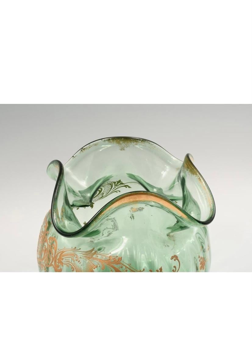 Czech Large and Impressive Green Antique Art Glass Vase With Raised Gilding Circa 1880 For Sale