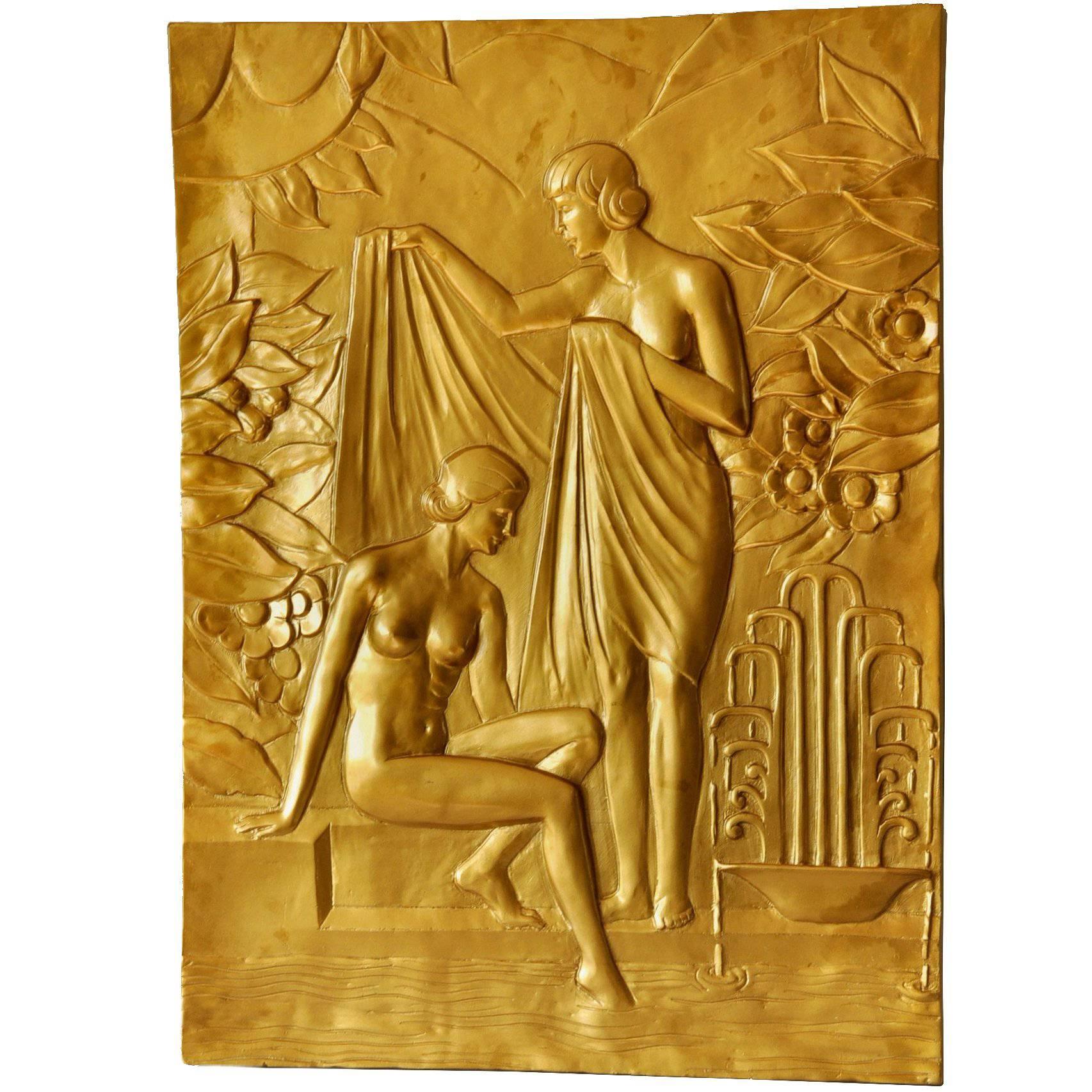 Art Deco Large And Impressive Hand Crafted  'Bathing Ladies' Wall Plaque