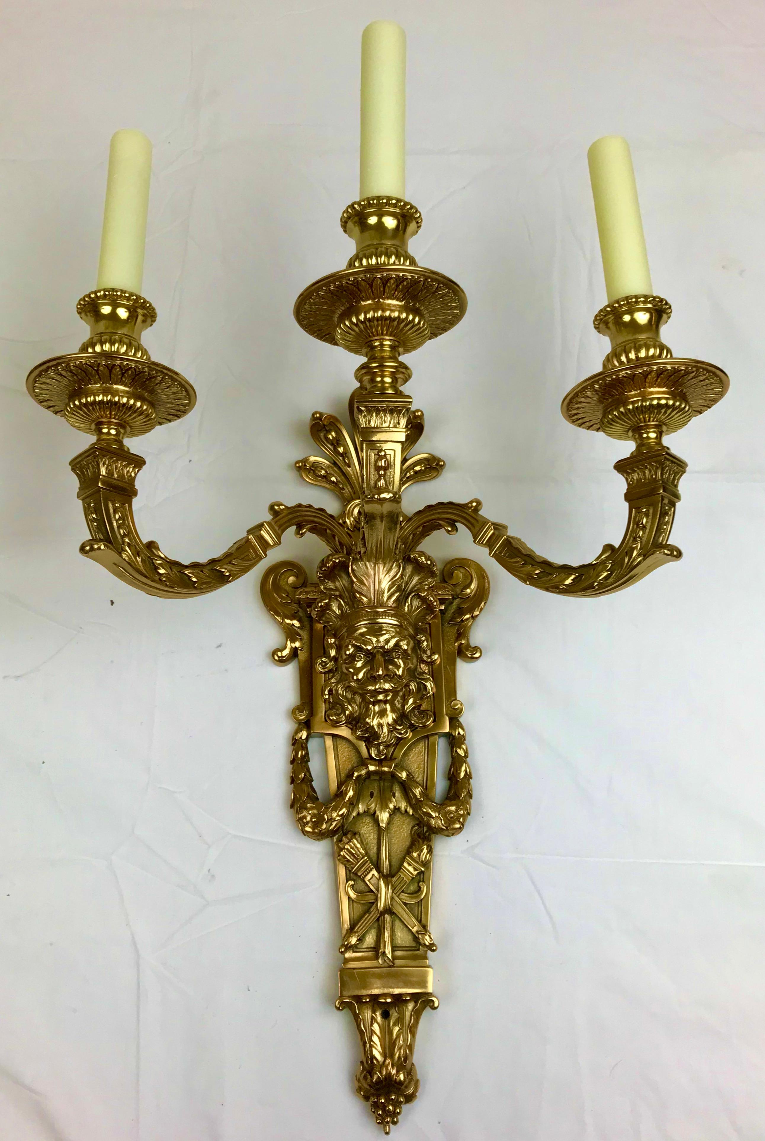These large and highly detailed Baroque style three light sconces feature classic motifs including acanthus leaves and laurel swags.
They originally hung in the dining room at Lyndhurst, the Pittsburgh mansion of the Harry K. Thaw family.