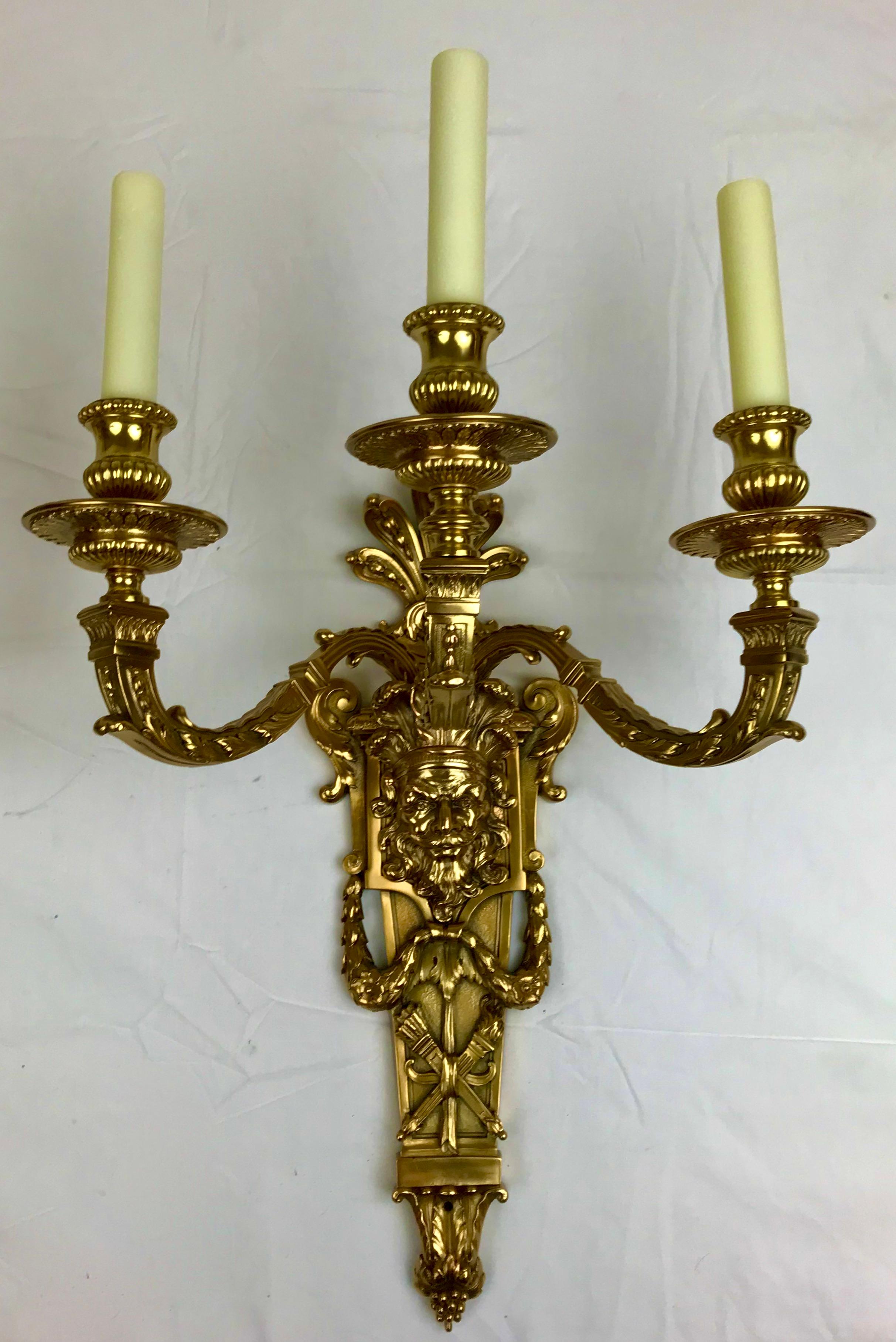 Louis XIV Large and Impressive Pair of Bronze Sconces by E. F. Caldwell For Sale