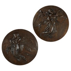 Large Pair of Circular, Patinated Bronze Relief Plaques of Night and Day