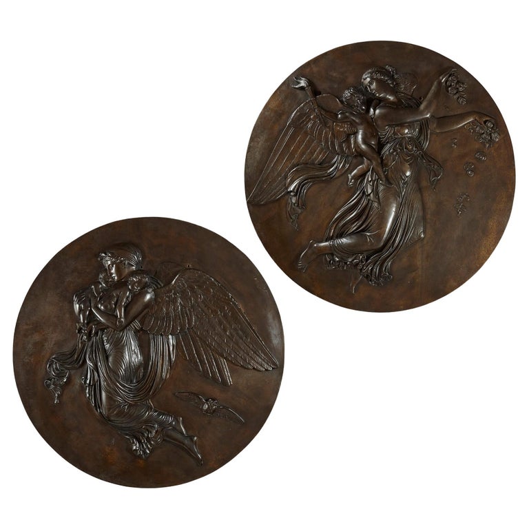 Large Pair of Circular, Patinated Bronze Relief Plaques of Night and
