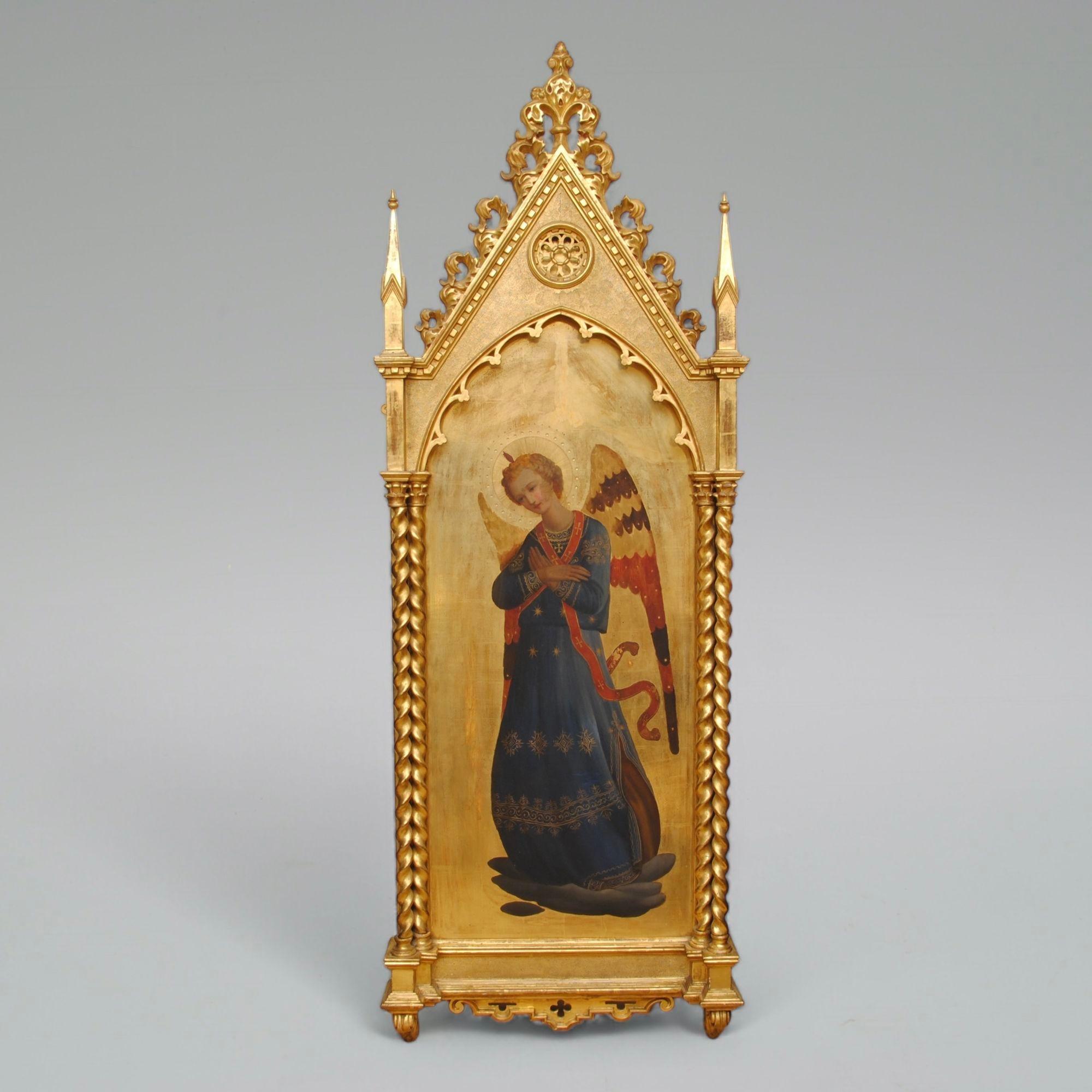 A wonderful pair of large 19th century carved giltwood gothic frames painted with two beautiful Angels in the manner of Fran Angelico, I have never seen these on such a large scale.
In fine original condition, makers label to the back.
Circa 1860