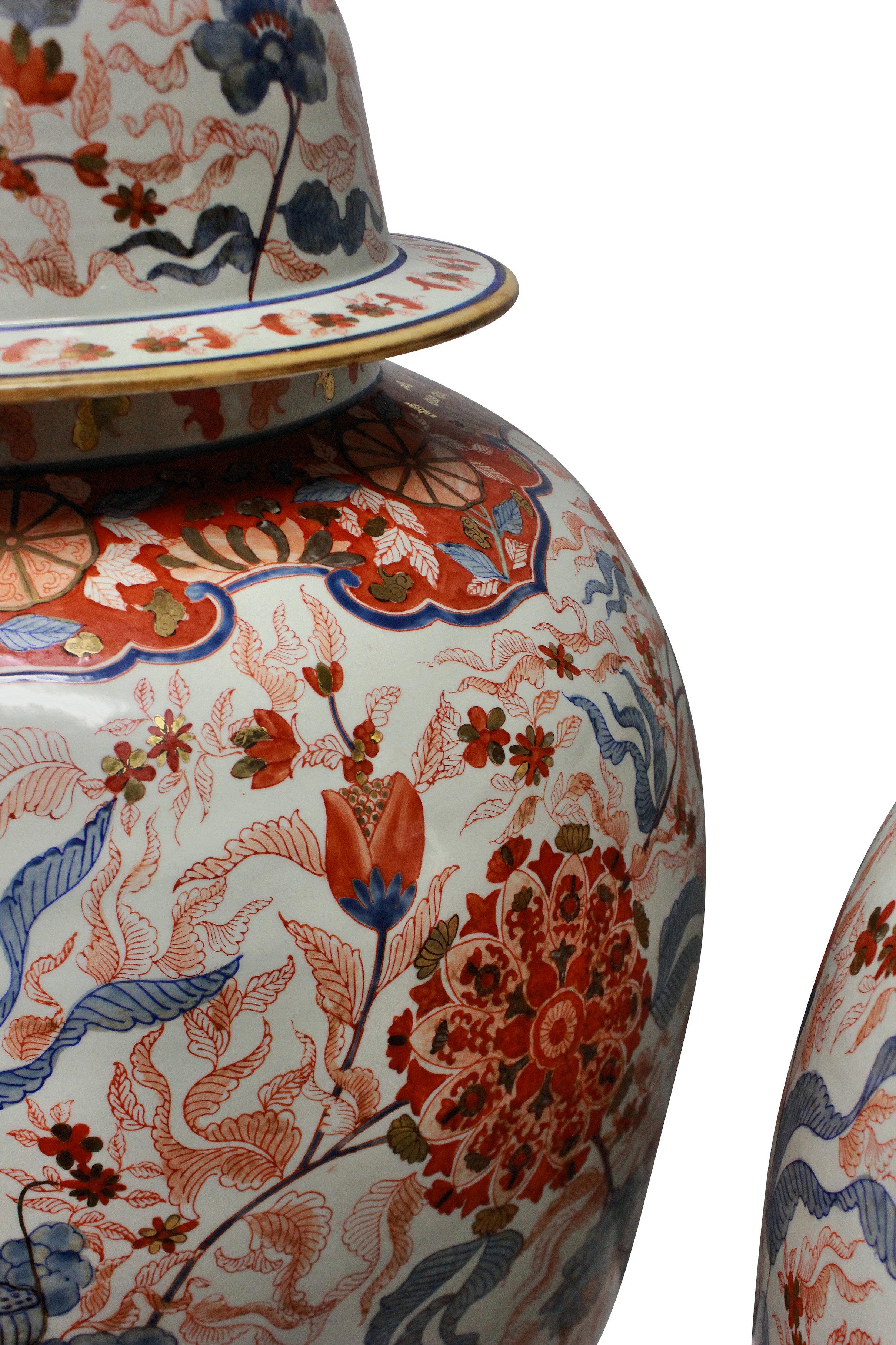 Japanese Large and Impressive Pair of Imari Floor Vases with Covers