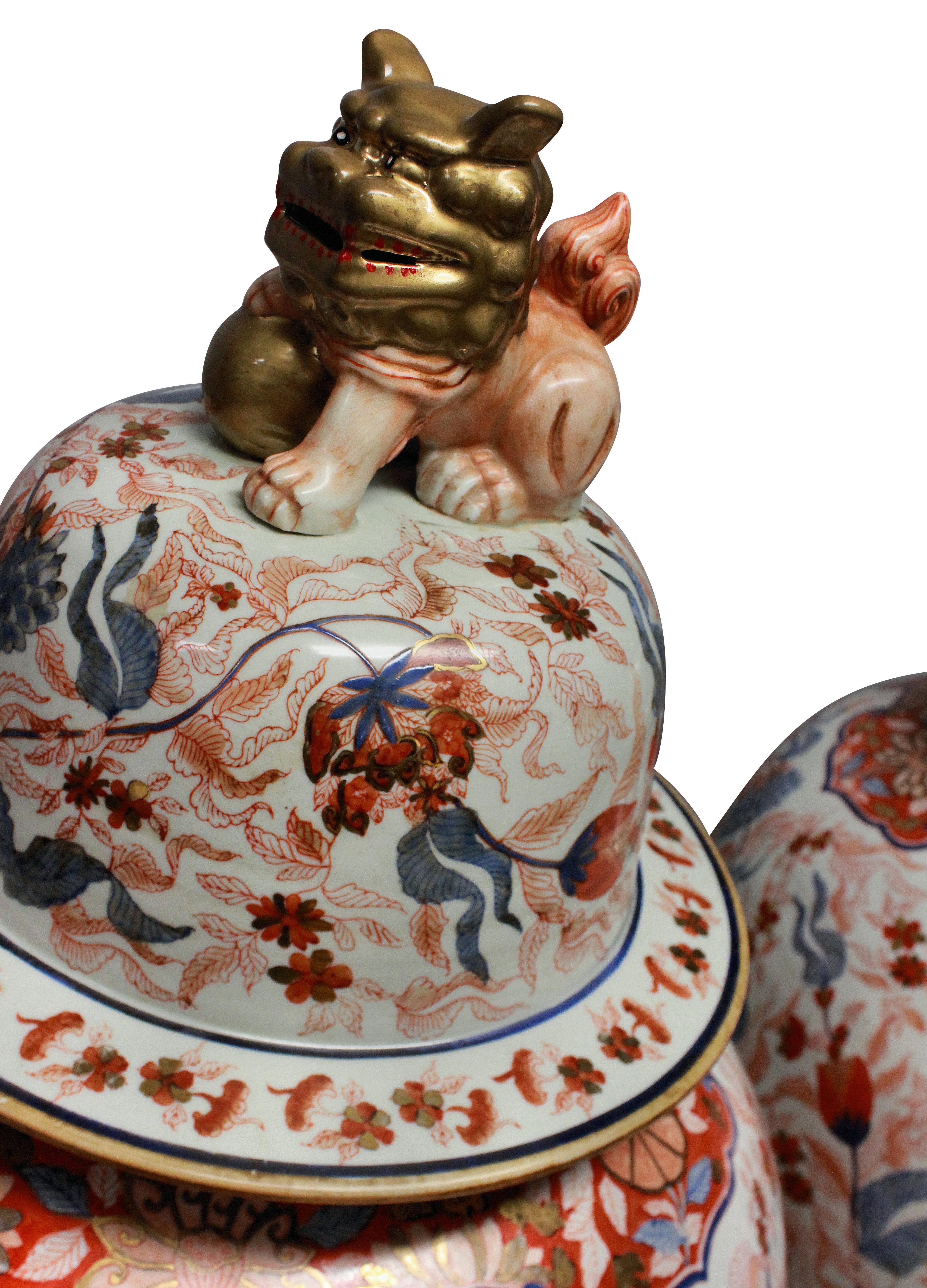 Porcelain Large and Impressive Pair of Imari Floor Vases with Covers