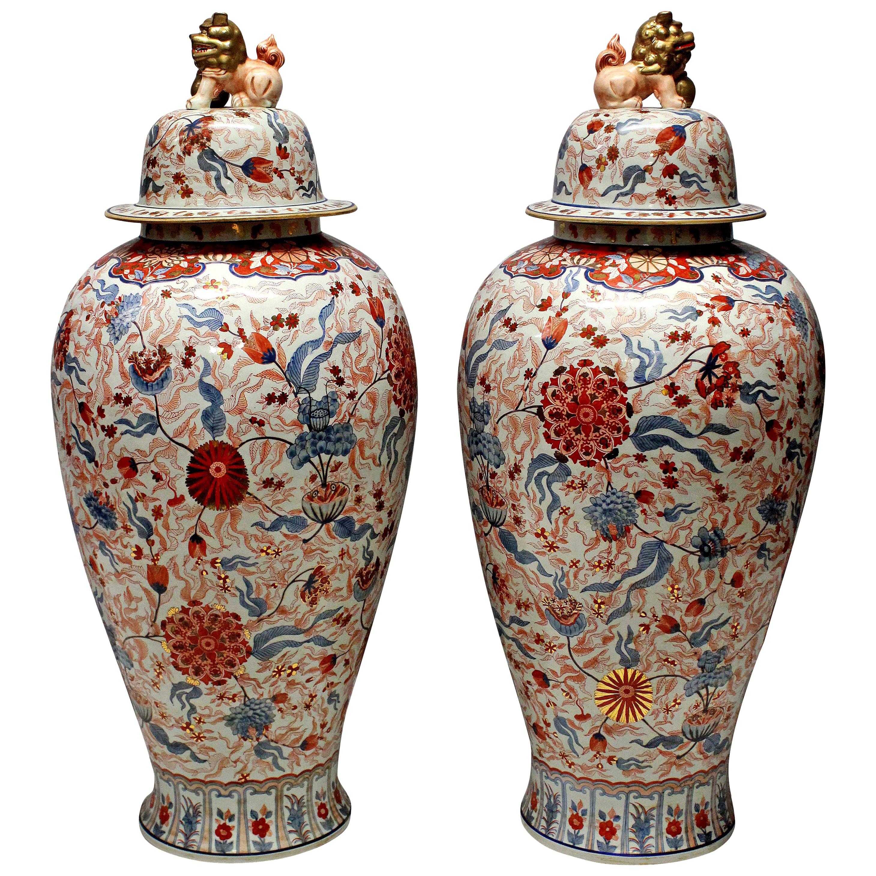 Large and Impressive Pair of Imari Floor Vases with Covers
