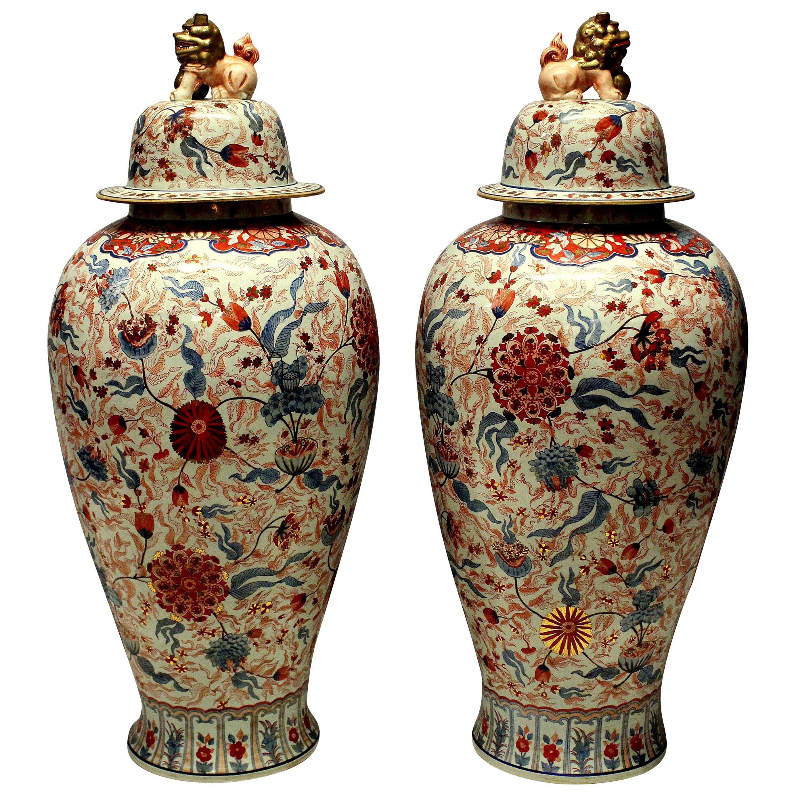 Large and Impressive Pair of Imari Floor Vases with Covers