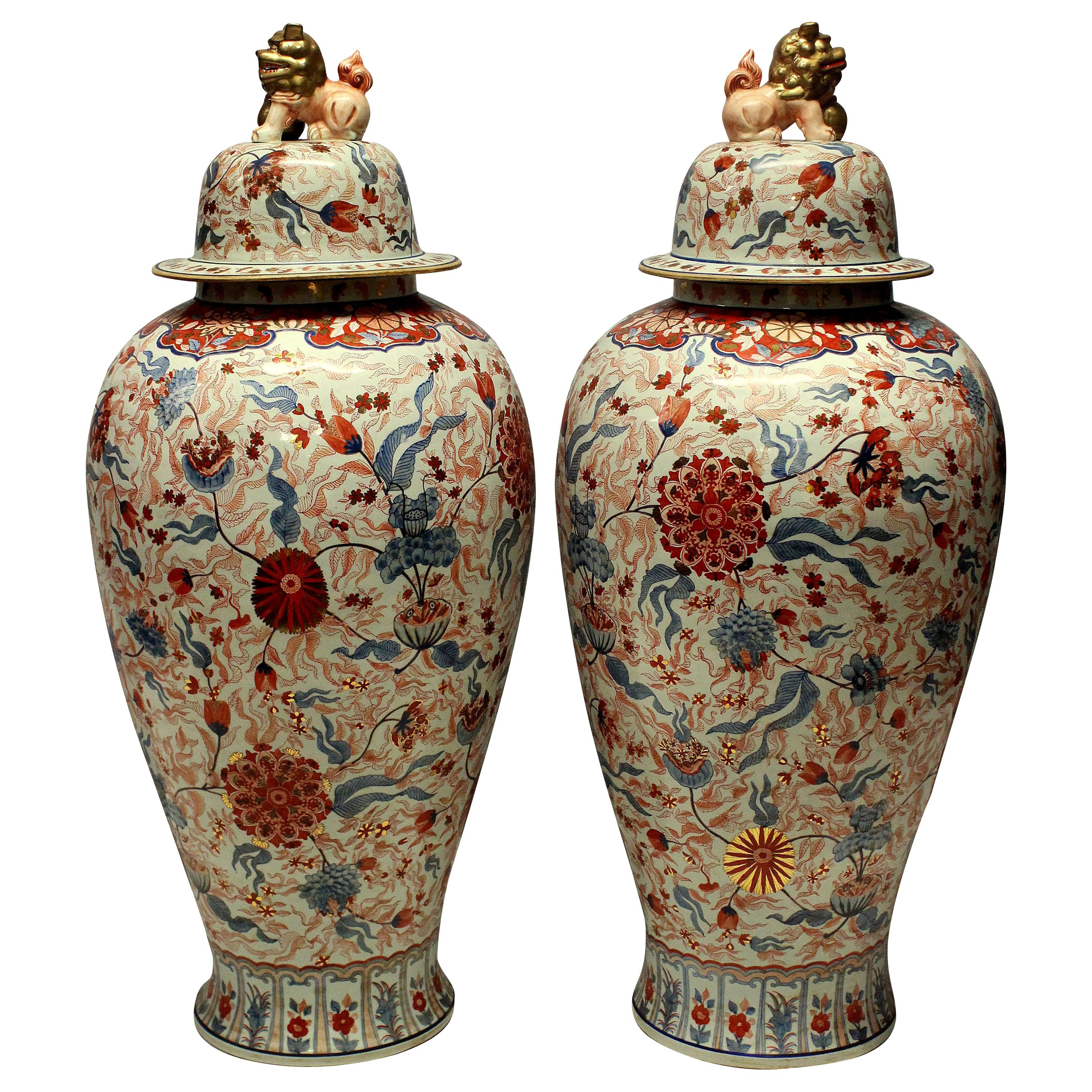 Large and Impressive Pair of Imari Floor Vases with Covers