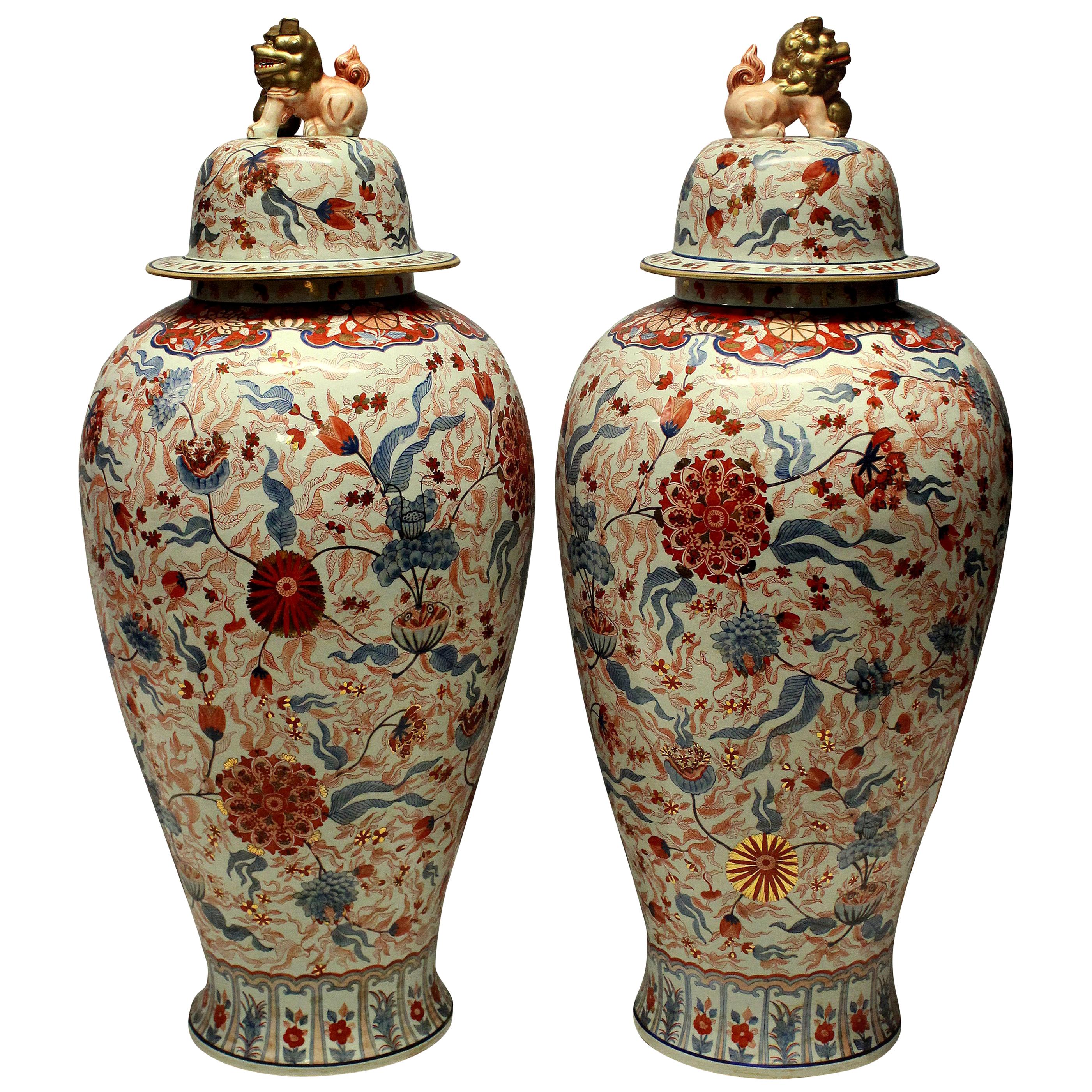 Large and Impressive Pair of Imari Floor Vases with Covers