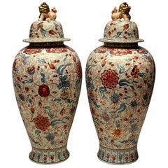 Large and Impressive Pair of Imari Floor Vases with Covers