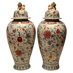 Antique Large and Impressive Pair of Imari Floor Vases with Covers