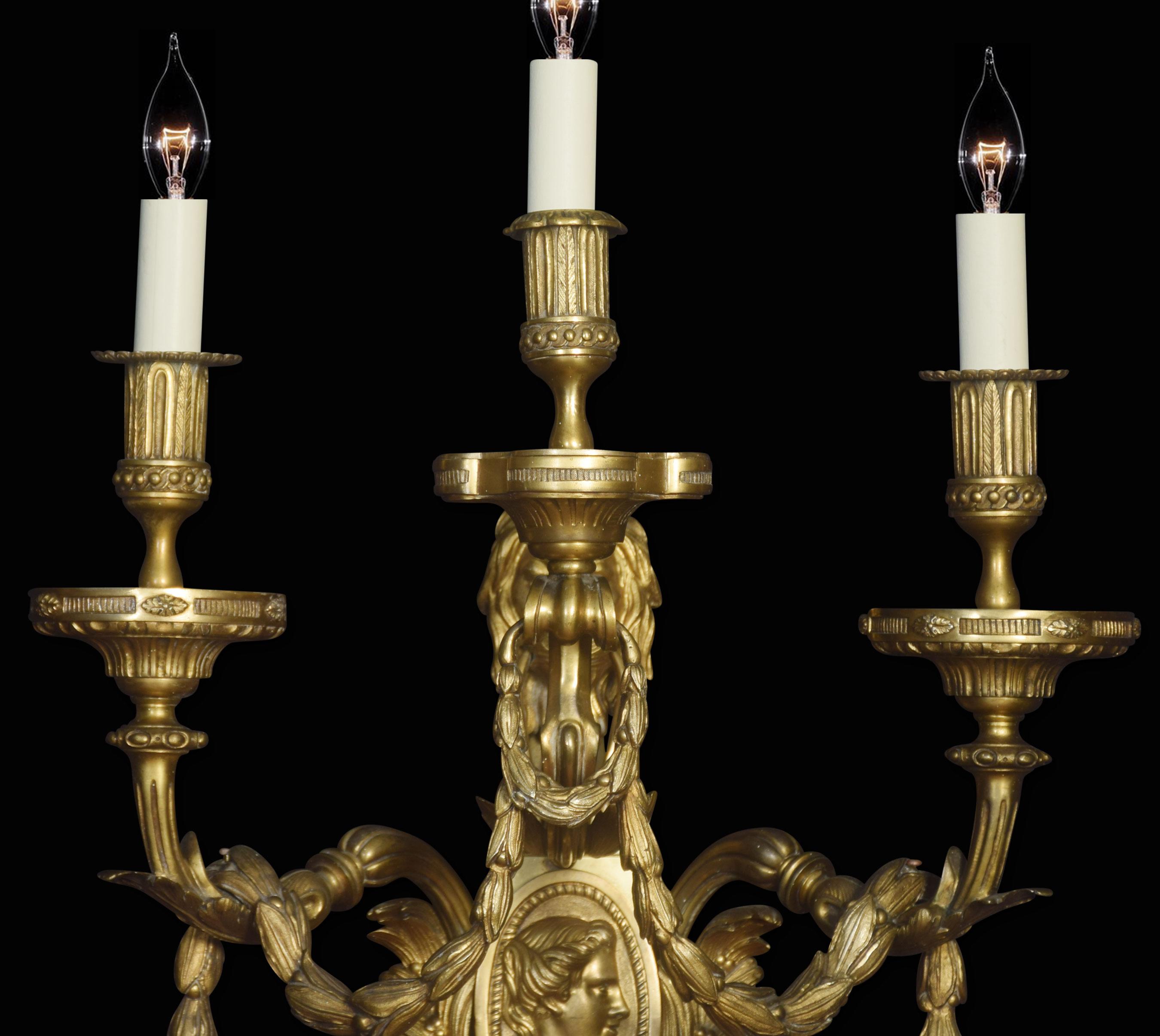 British Large and Impressive Pair of Louis XVI Style Three-Branch Wall Lights For Sale