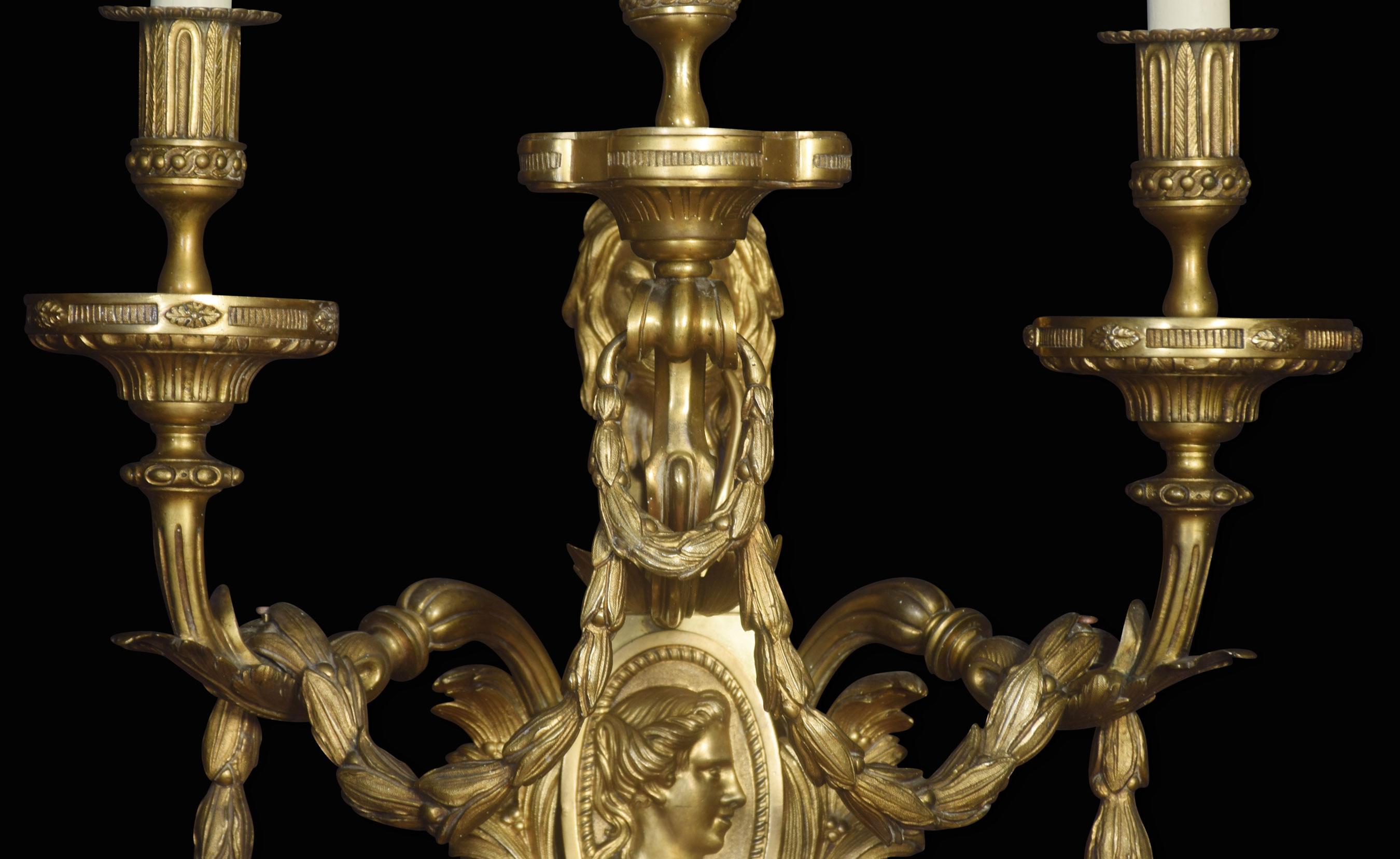 Large and Impressive Pair of Louis XVI Style Three-Branch Wall Lights In Good Condition For Sale In Cheshire, GB