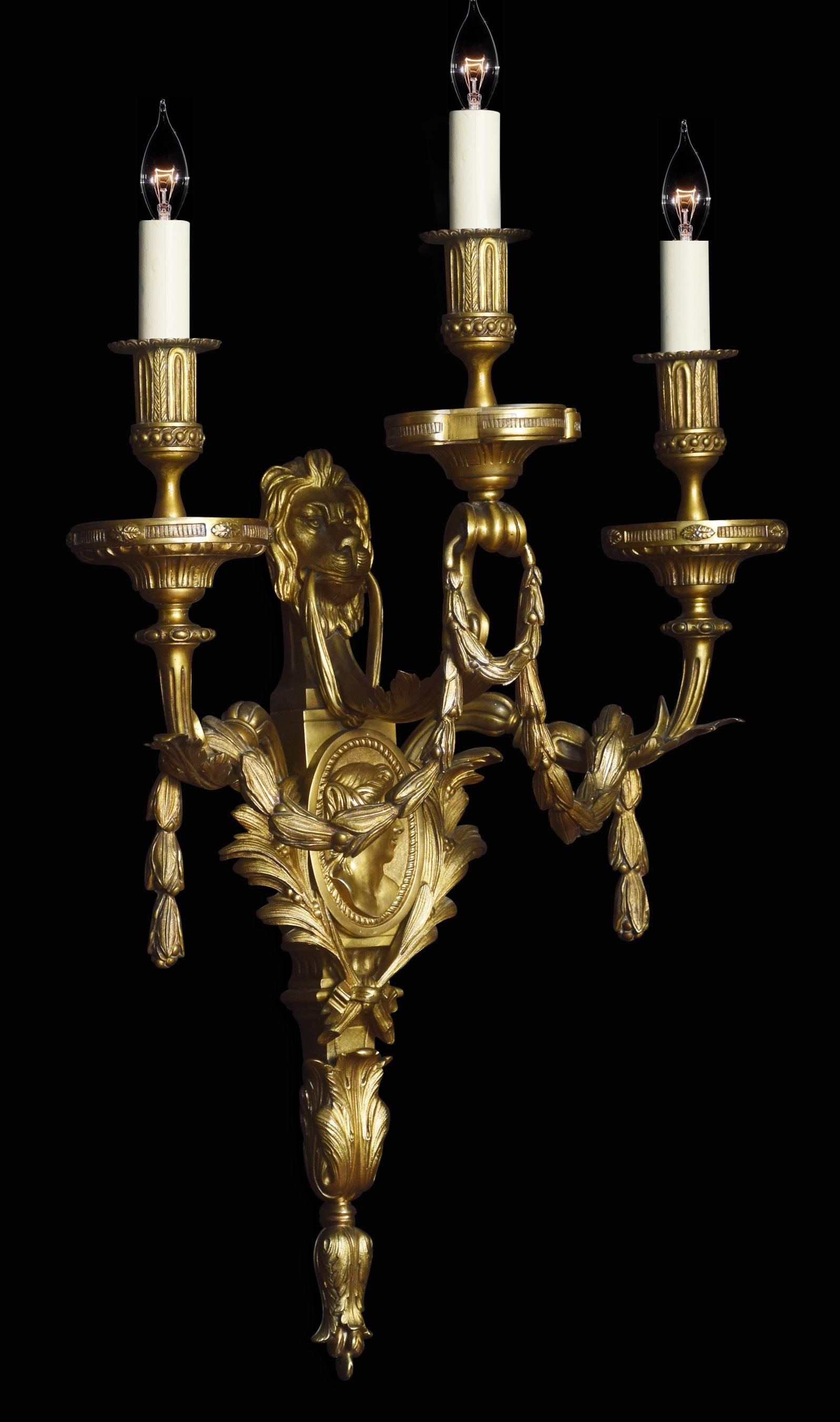 Large and Impressive Pair of Louis XVI Style Three-Branch Wall Lights For Sale 1