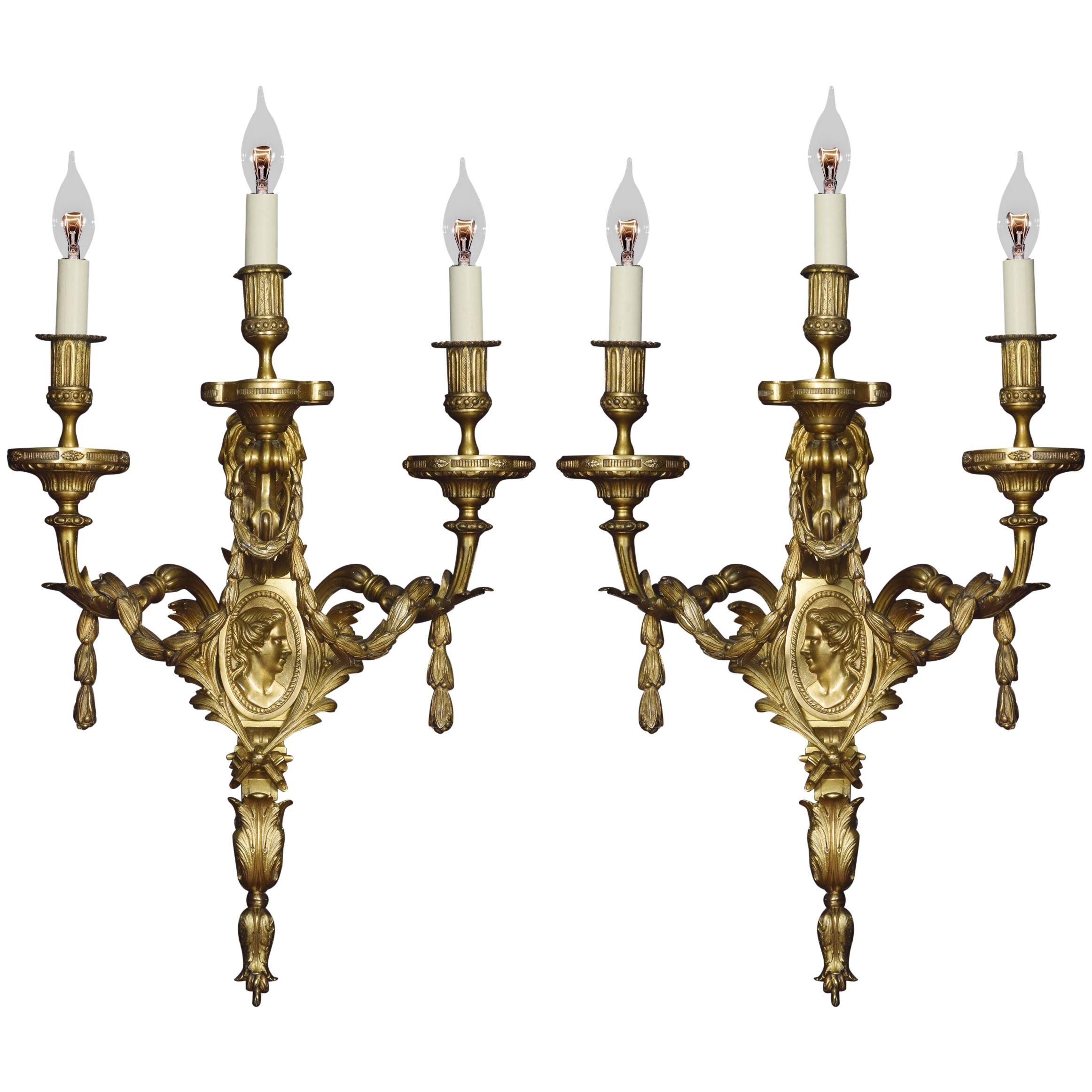Large and Impressive Pair of Louis XVI Style Three-Branch Wall Lights For Sale