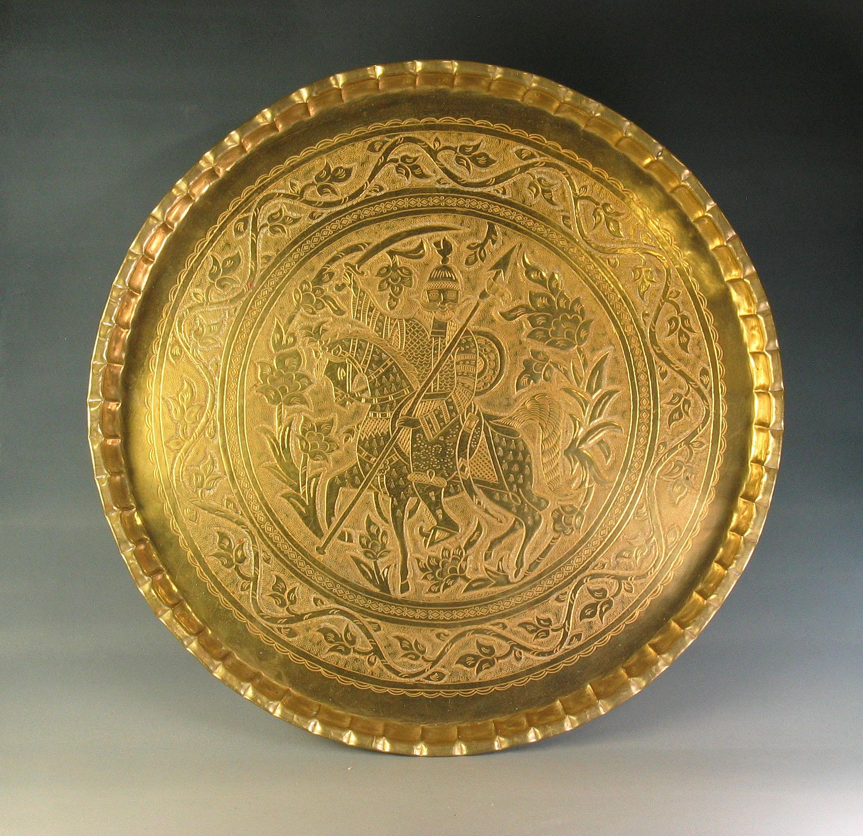Hand-Crafted Large and Impressive Qajar Circular Brass Tray with Persian Warrior For Sale