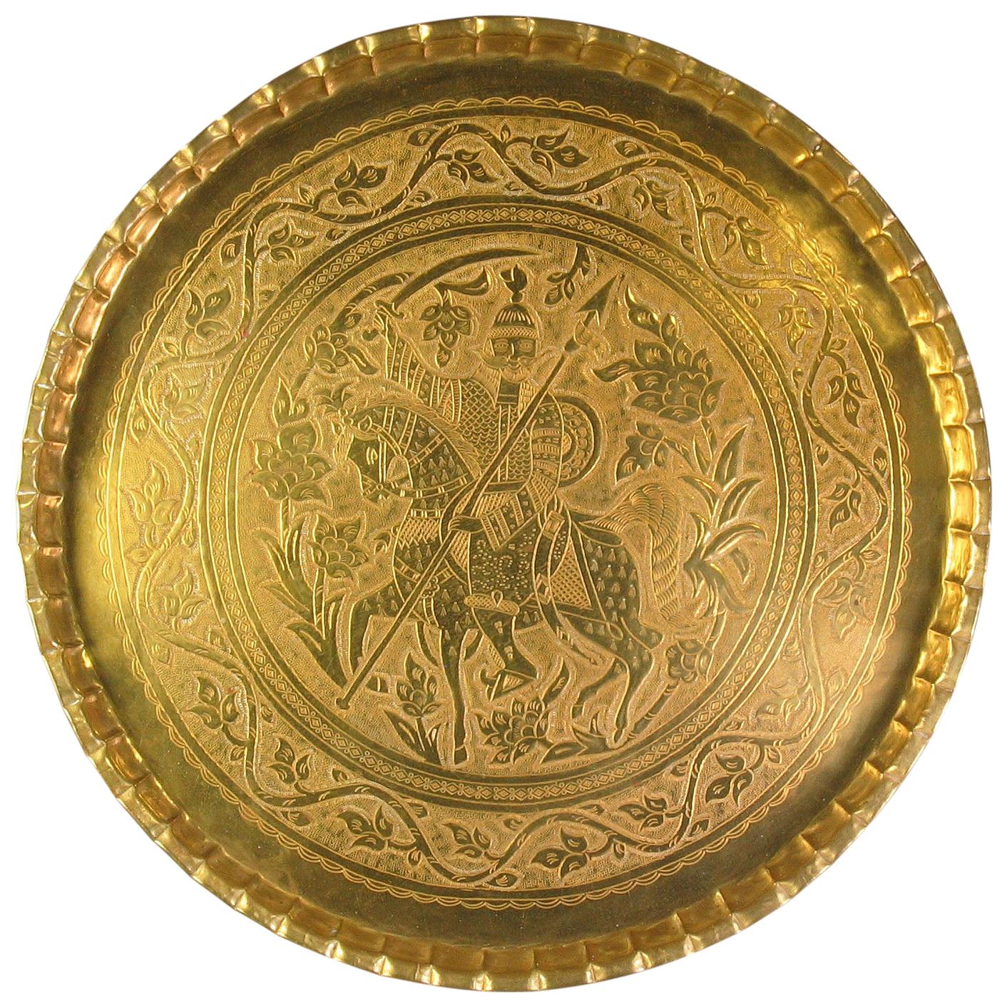 Large and Impressive Qajar Circular Brass Tray with Persian Warrior