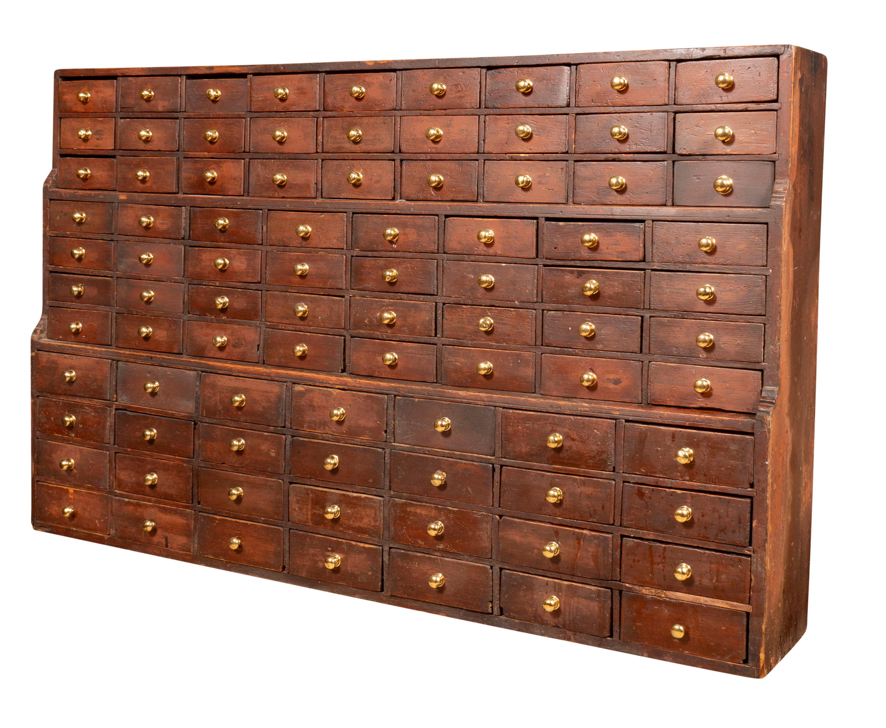 Brass Large And Impressive Stained Pine Apothecary Chest For Sale