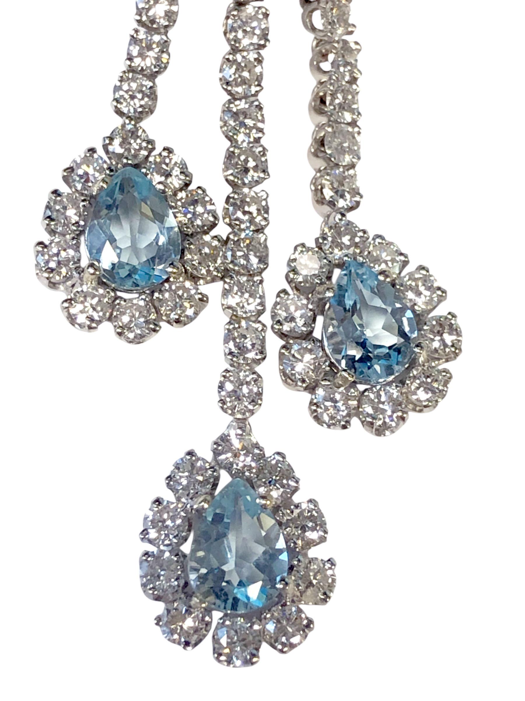 Round Cut Large and Impressive White Gold, Diamond and Aquamarine Chandelier Earrings