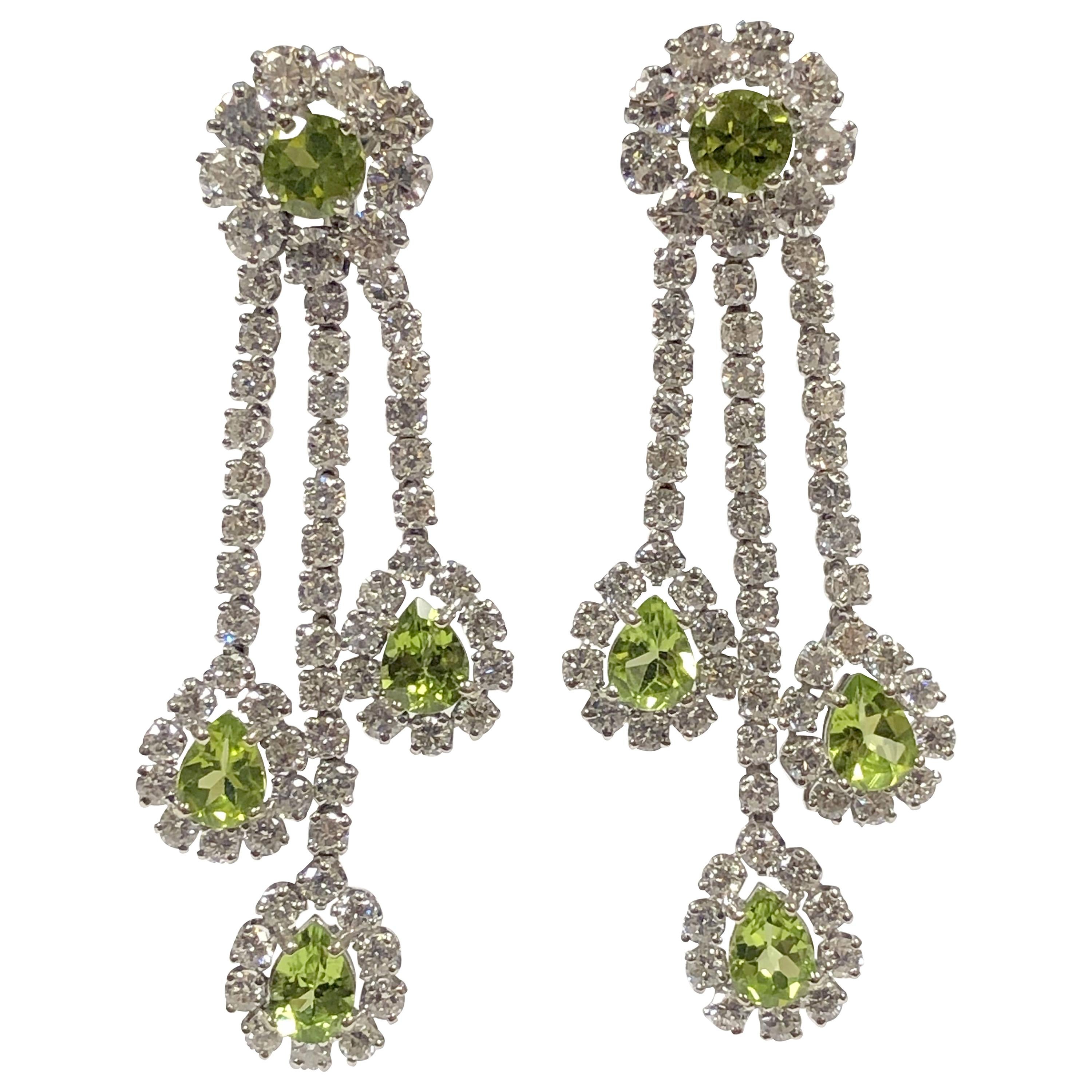 Large and Impressive White Gold Diamond and Peridot Chandelier Earrings