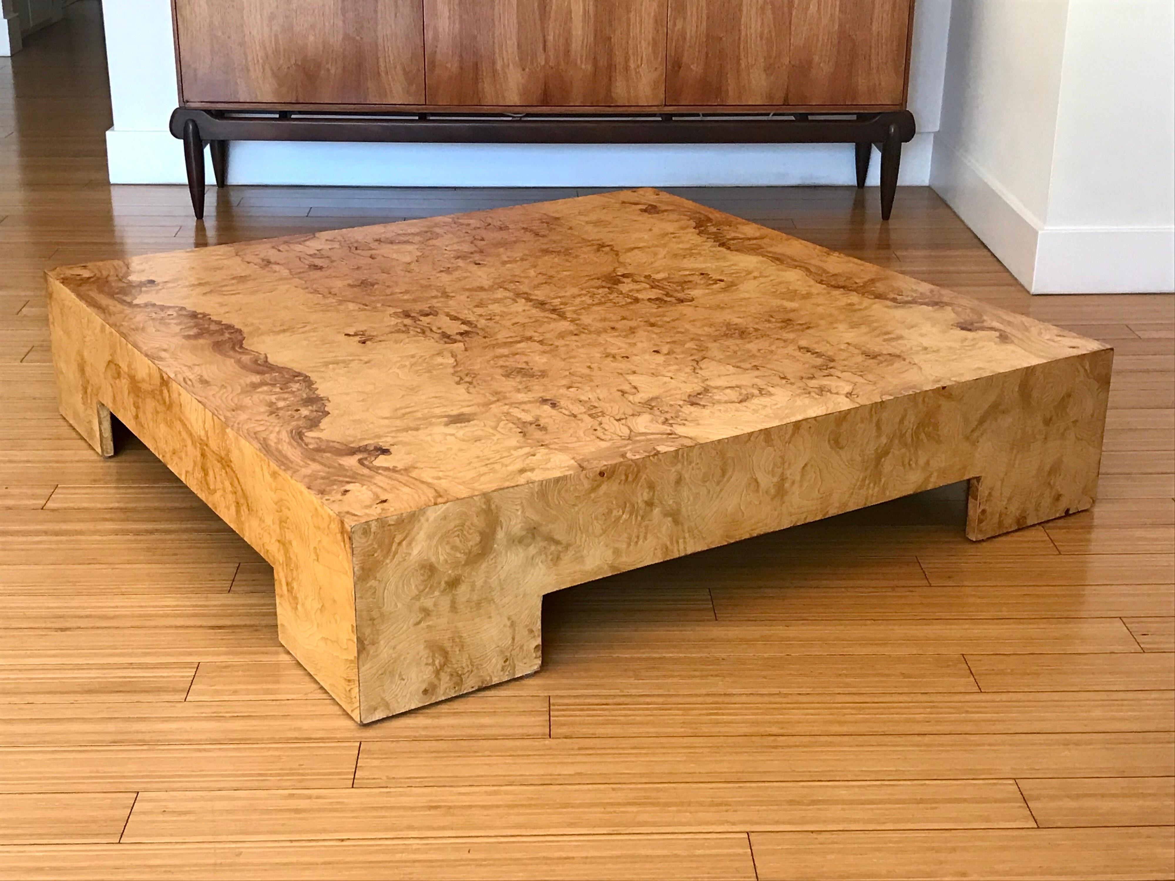 A timeless and humble design.
Manufactured by Thayer-Goggin.
Made with plywood (no press-board) construction with a wonderfully grained burl wood veneer.
It has a great scale for lots of books and can even be sat on. It's solid and sturdy.