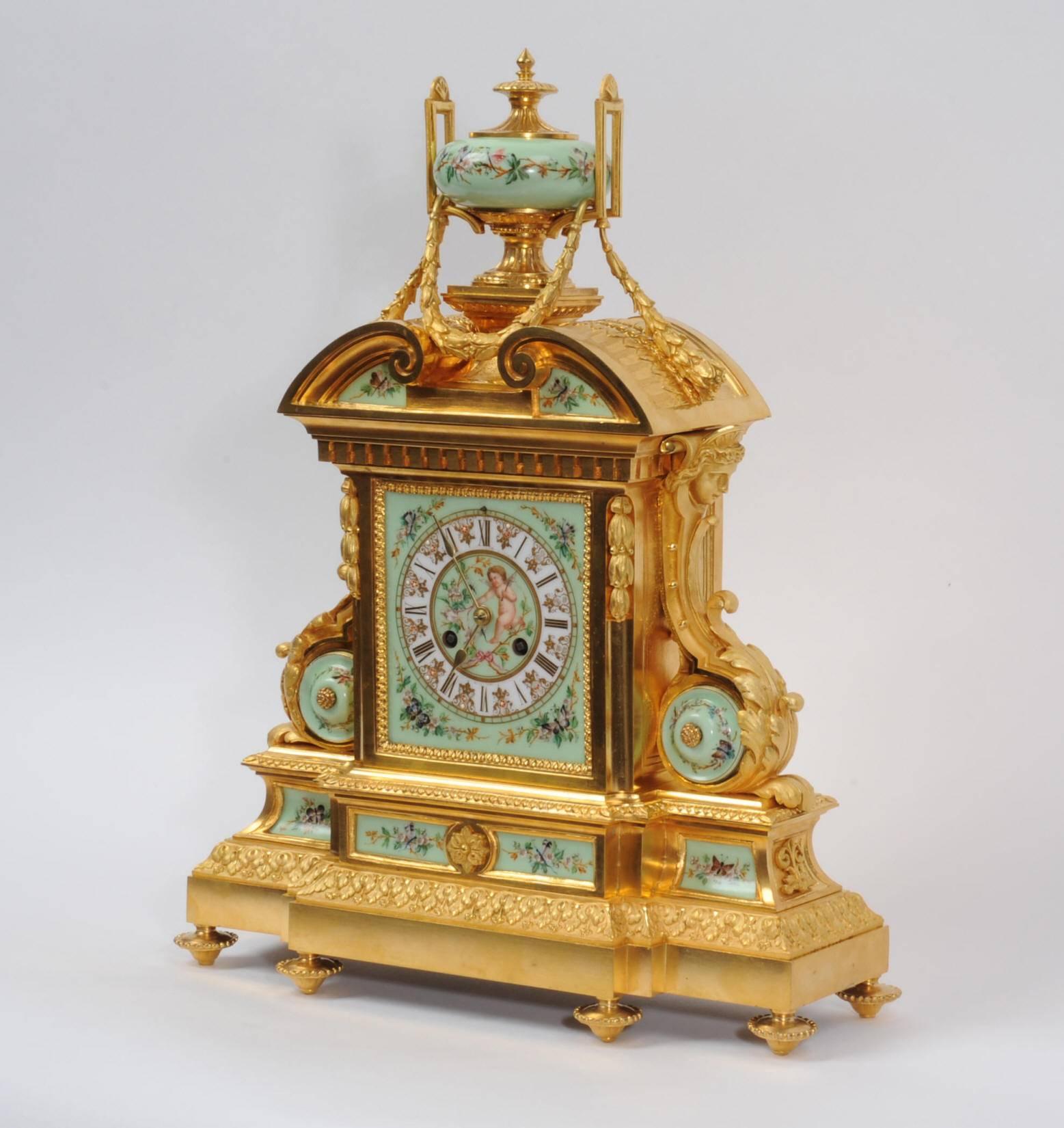 A large and magnificent ormolu (finely gilded bronze) and Sèvres style porcelain clock by renown maker Achille Brocot, circa 1880. The porcelain has a beautiful pale green ground and is very finely decorated with the most delightful floral swags,