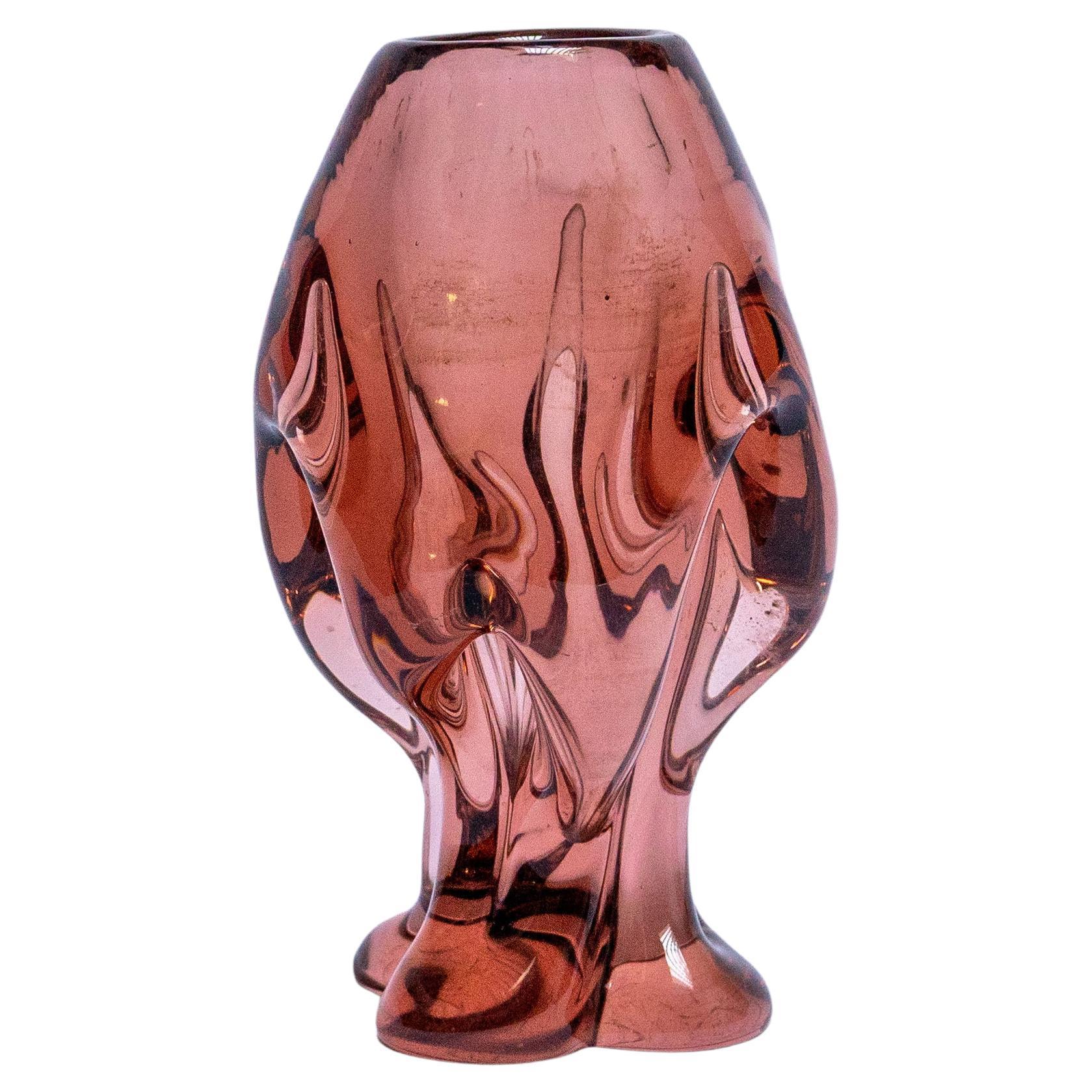 Large and Massive Vintage Italian Vase in Pink Murano Glass, Sculptural Shapes For Sale