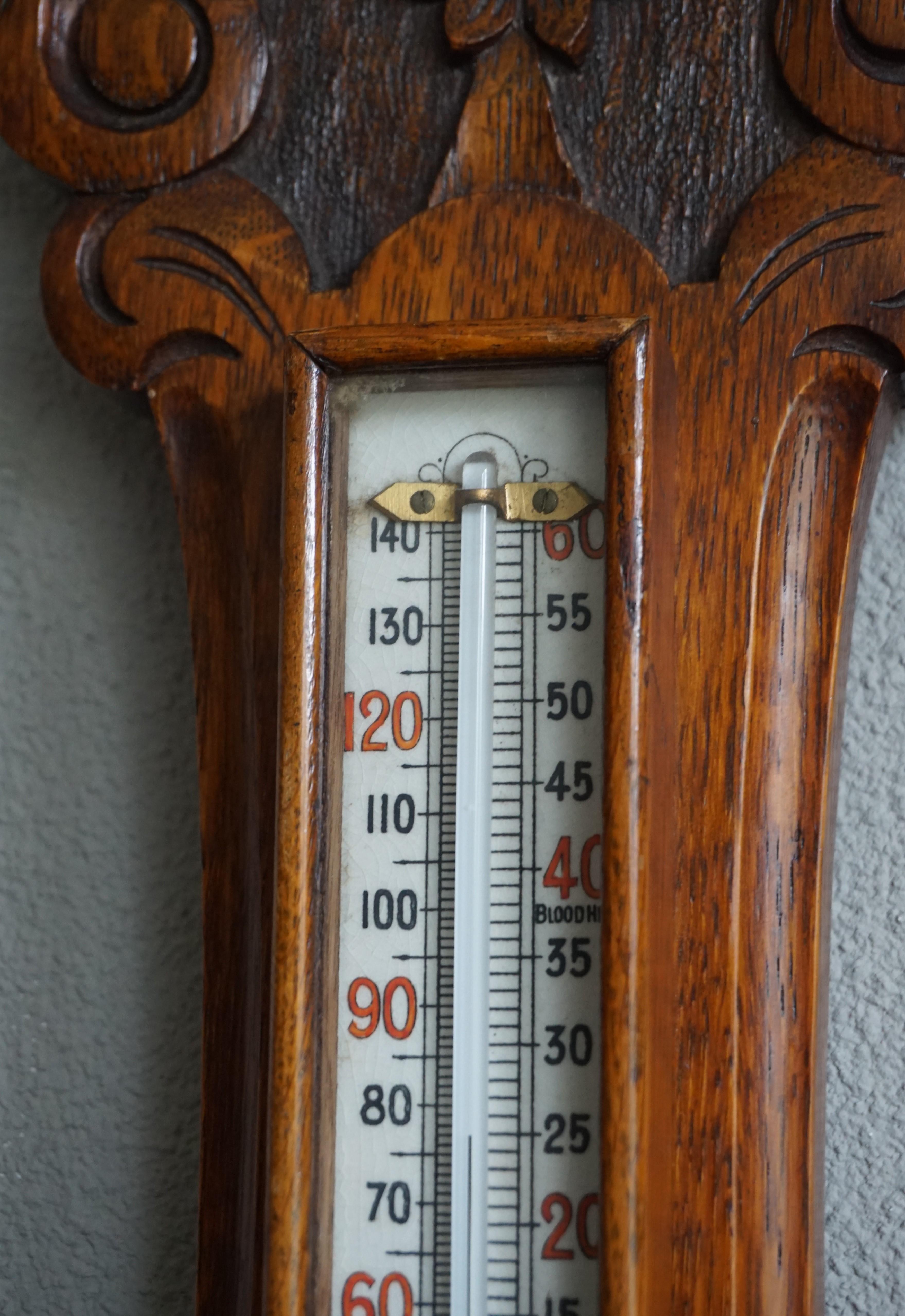 Large and Mint Condition Antique English Carved Oak and Porcelain Wall Barometer 1