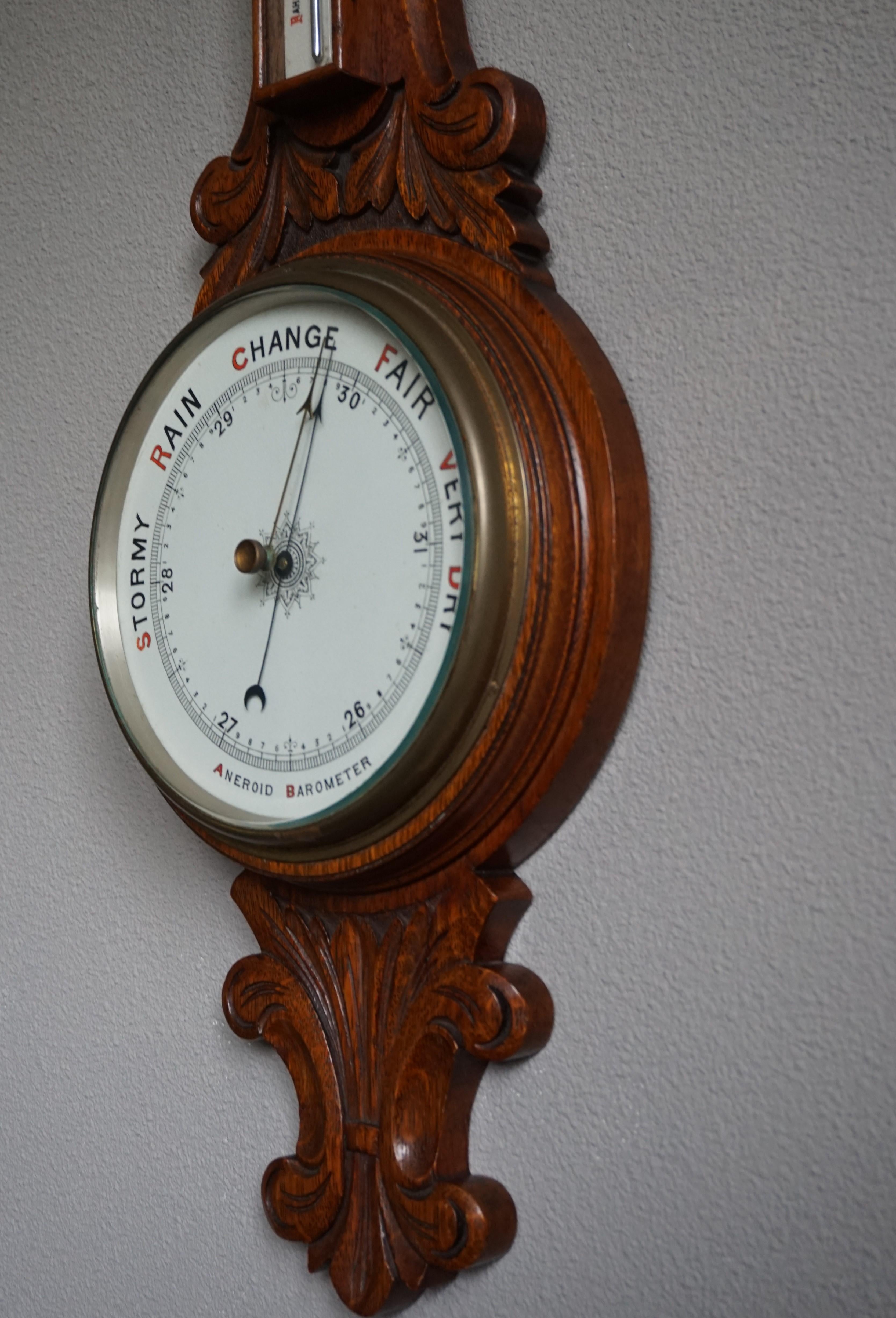 Large and Mint Condition Antique English Carved Oak and Porcelain Wall Barometer 4
