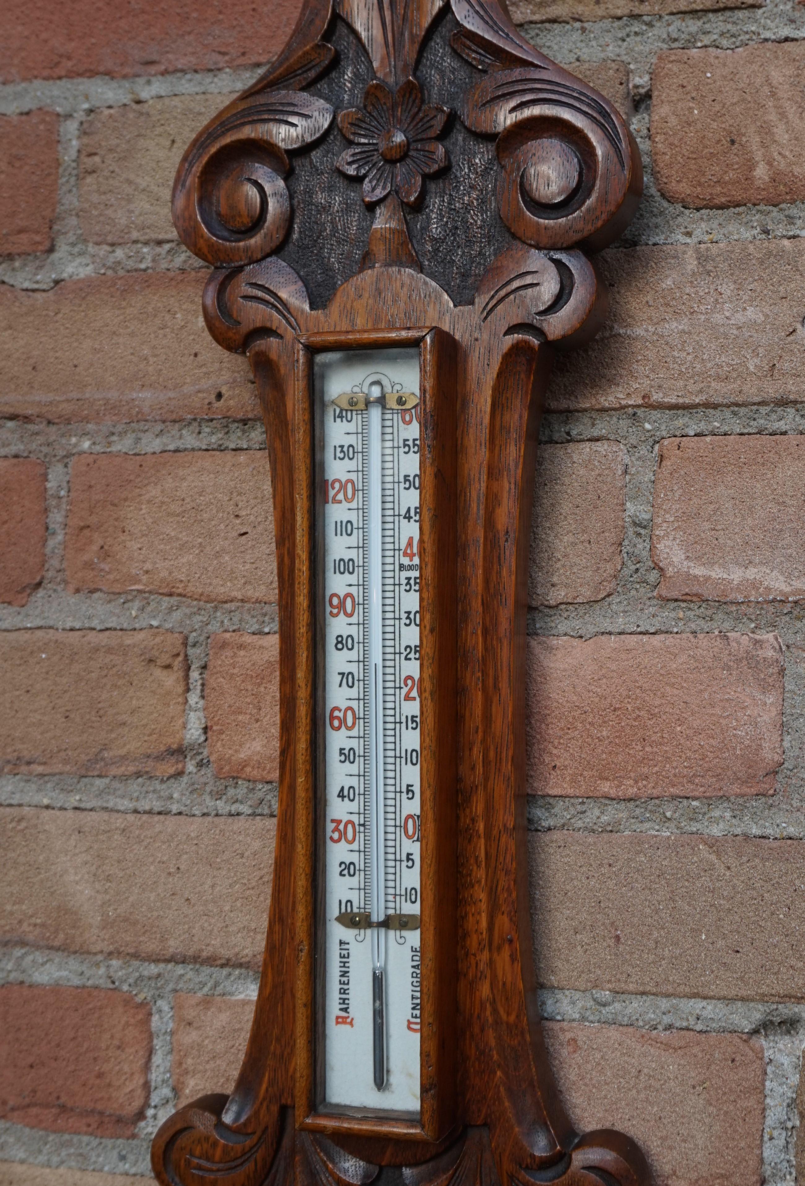 Large and Mint Condition Antique English Carved Oak and Porcelain Wall Barometer 10