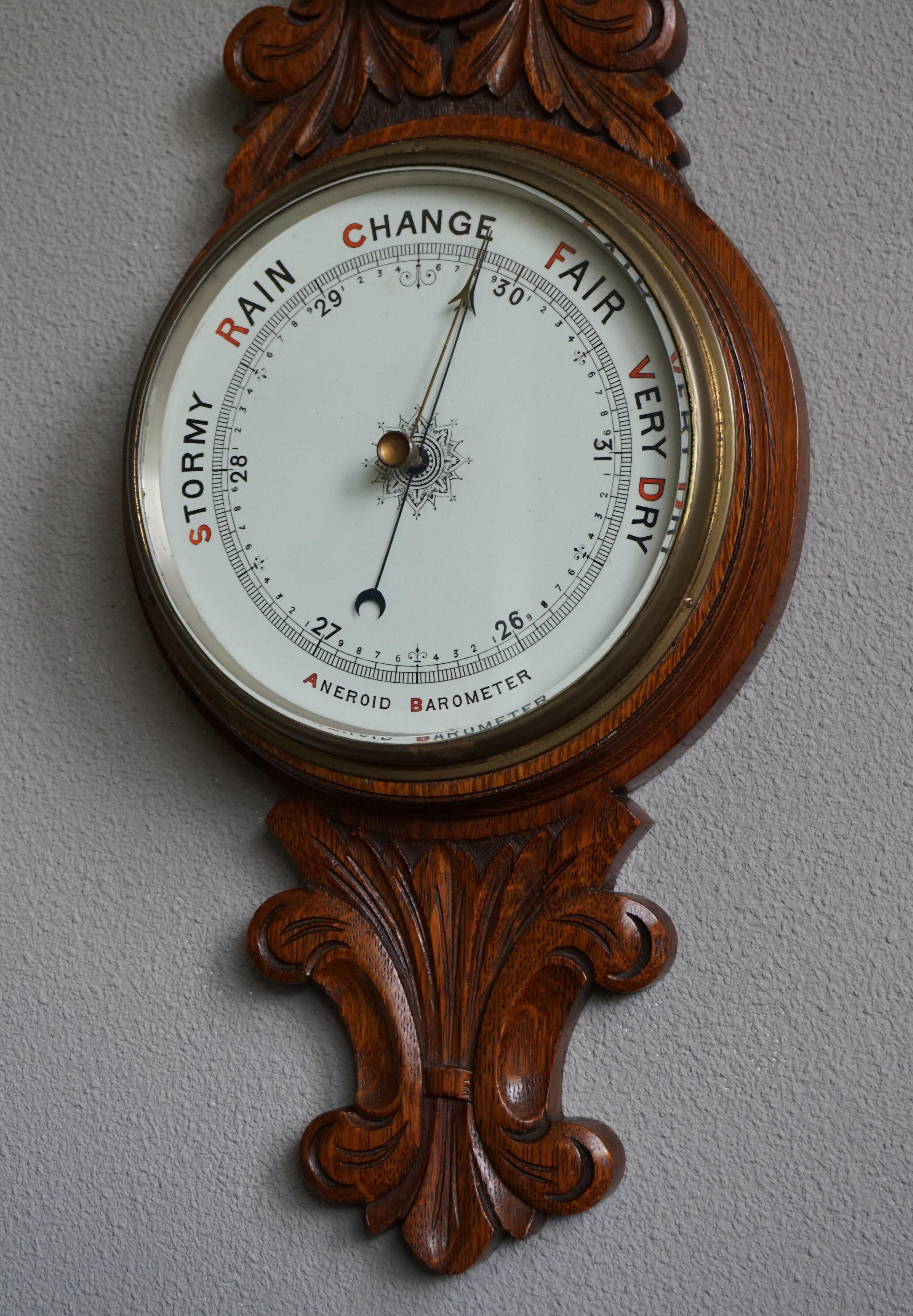 Stunning design and top quality executed antique barometer.

This late 19th-early 20th century, English manufactured wall barometer has everything that makes an antique worthwhile. The quality of the workmanship is second to none. The carvings in