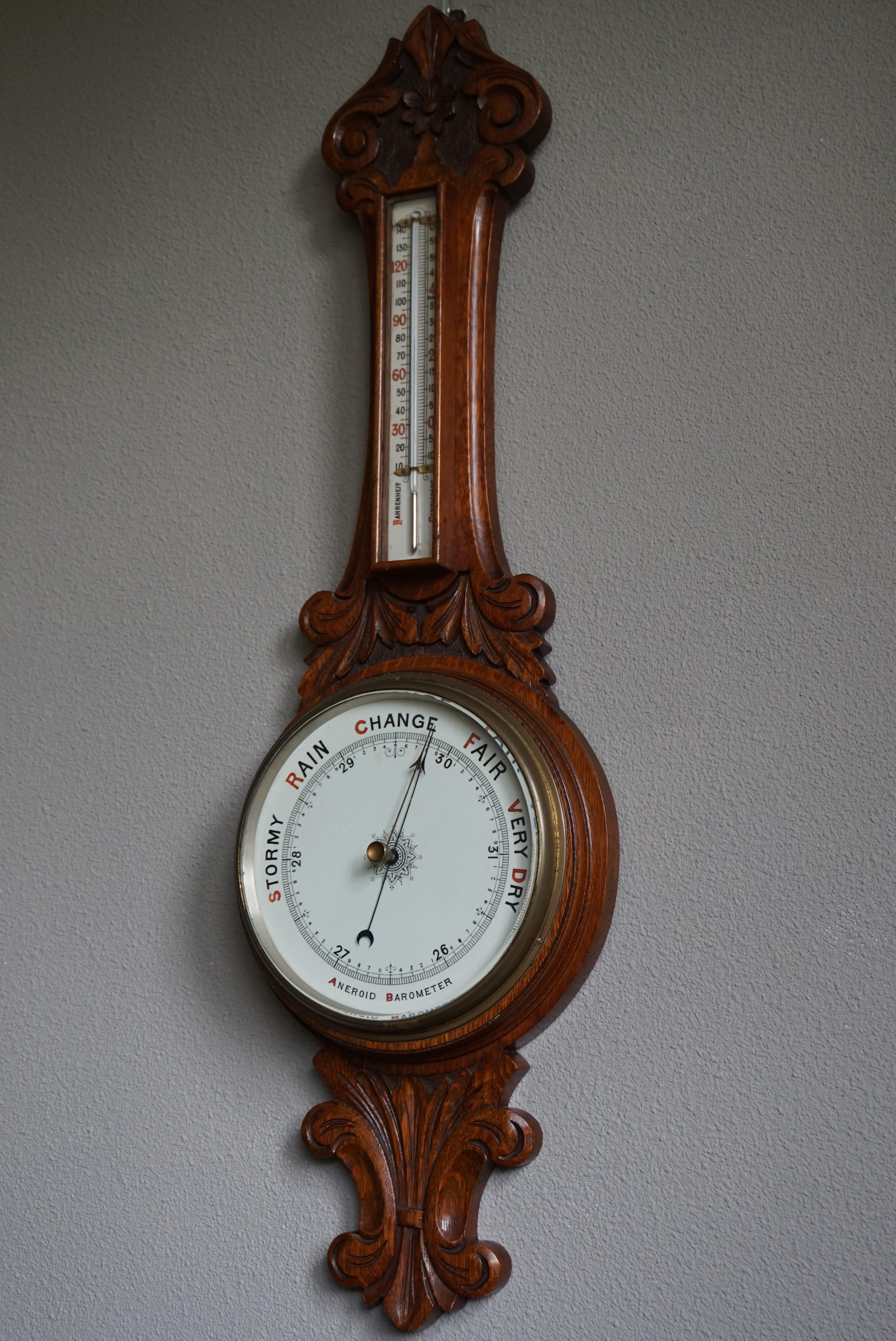 Large and Mint Condition Antique English Carved Oak and Porcelain Wall Barometer 11
