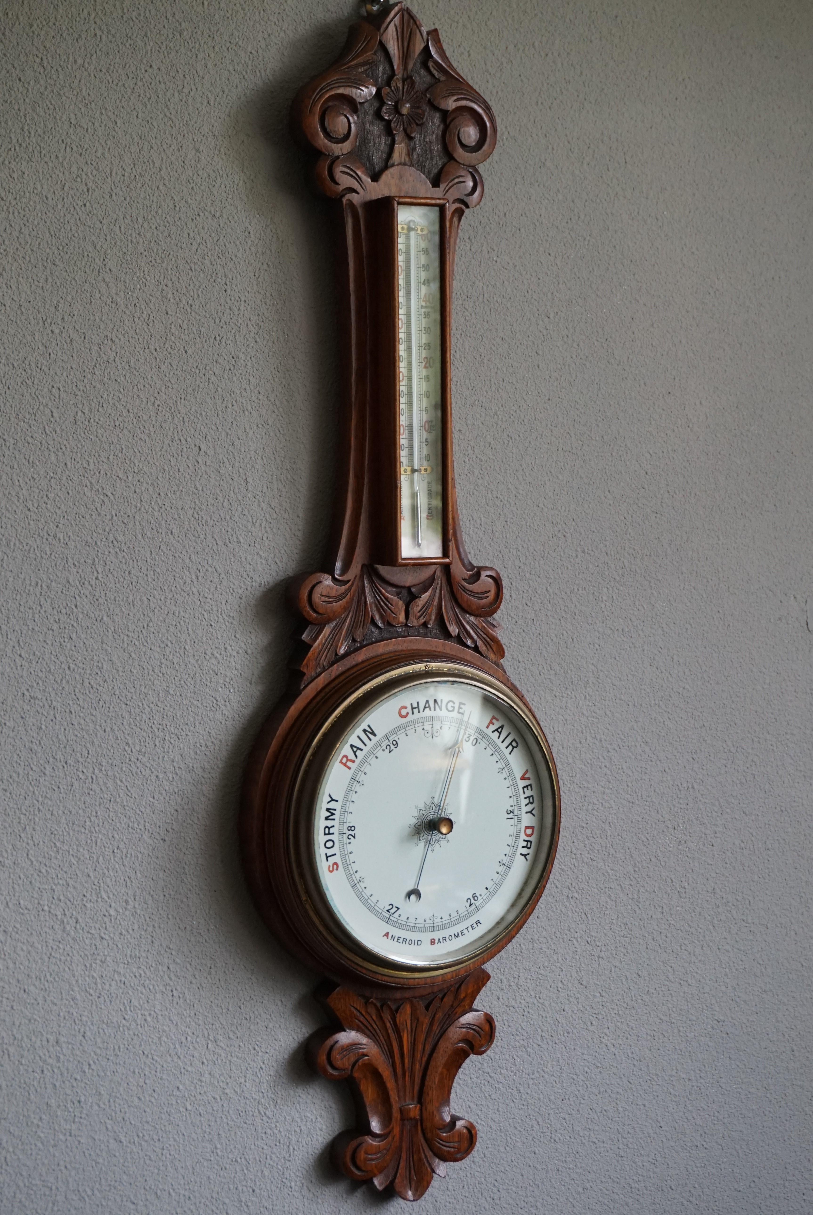 Hand-Painted Large and Mint Condition Antique English Carved Oak and Porcelain Wall Barometer