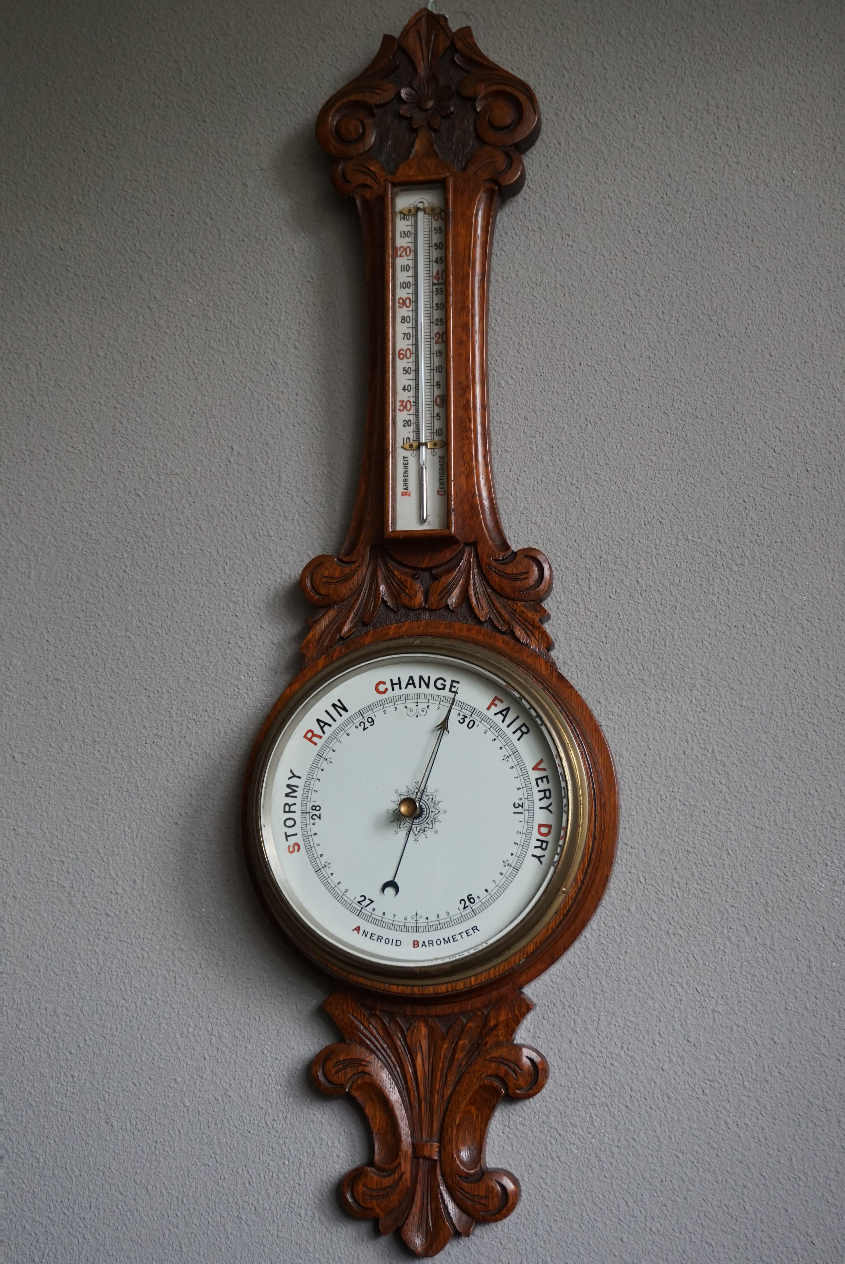 Large and Mint Condition Antique English Carved Oak and Porcelain Wall Barometer In Excellent Condition In Lisse, NL