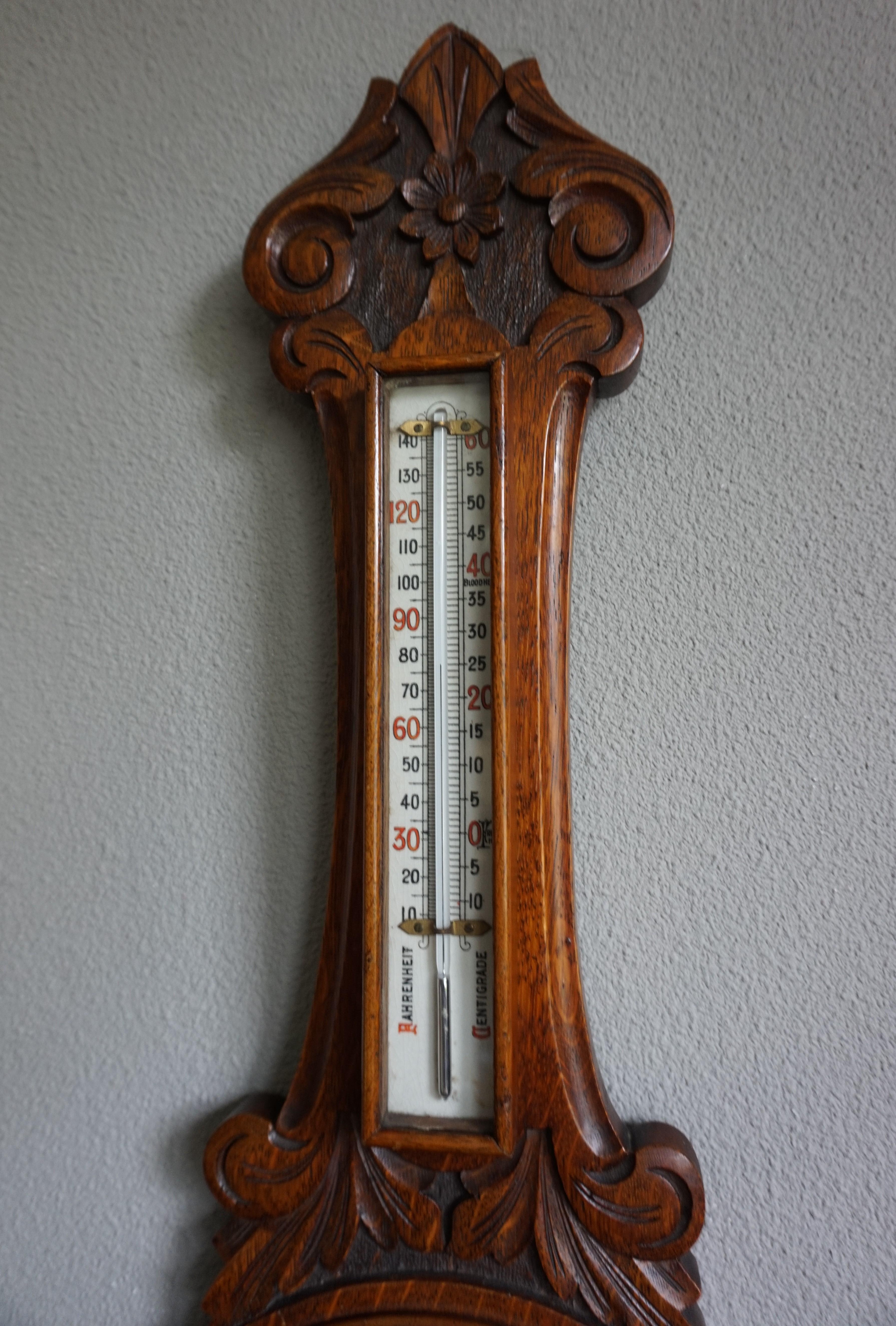 20th Century Large and Mint Condition Antique English Carved Oak and Porcelain Wall Barometer