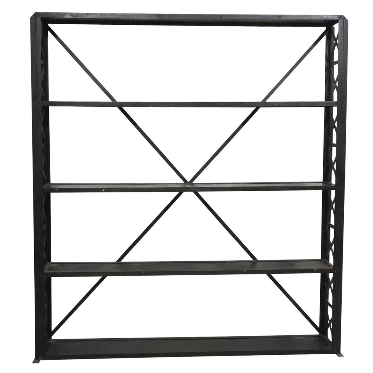 Large and Narrow Industrial Blackened Iron and Steel Bookcase or Etagere