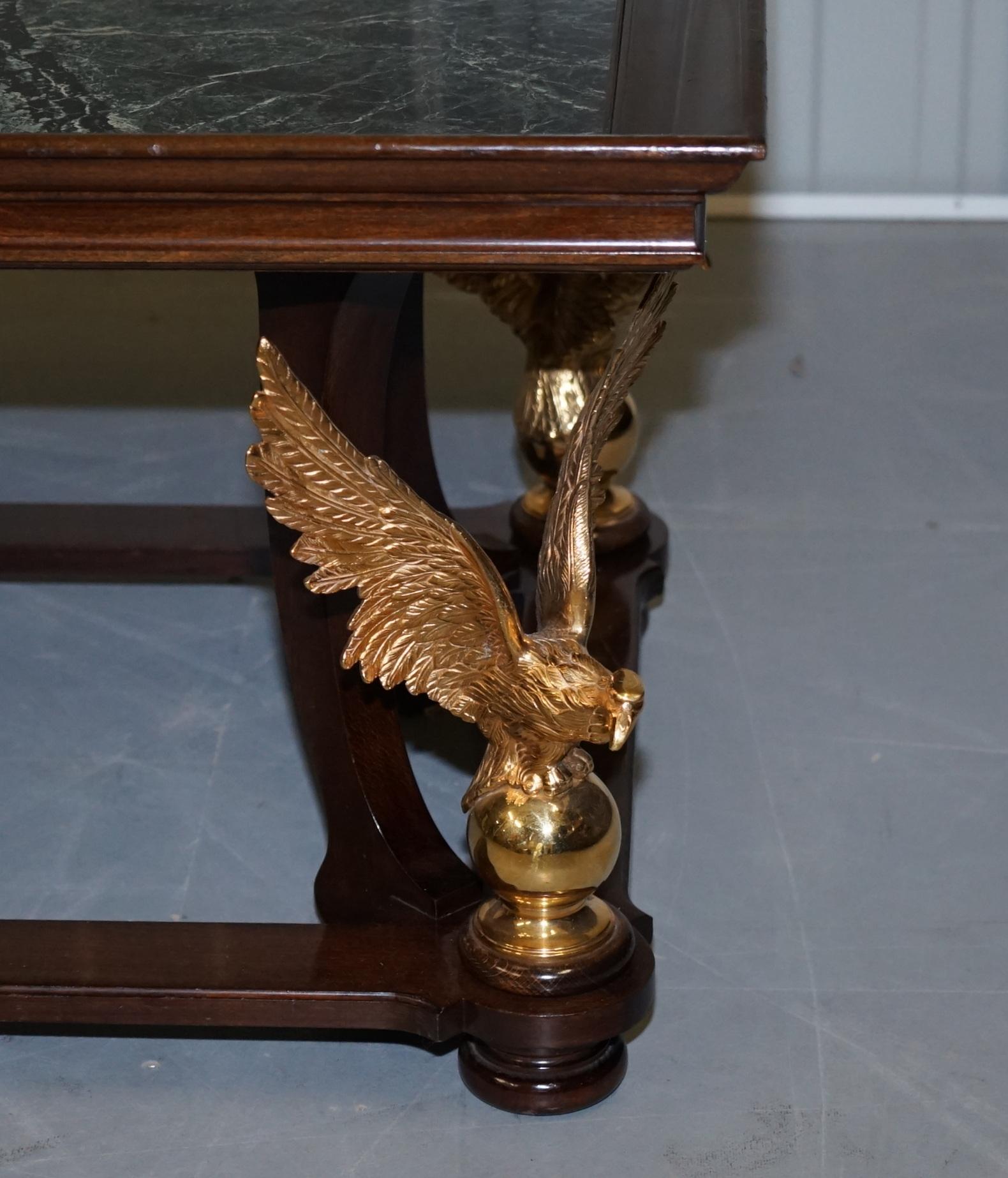 Hand-Crafted Large and Ornate Green Marble, Hardwood & Gold Gilt Eagle Coffee Cocktail Table For Sale