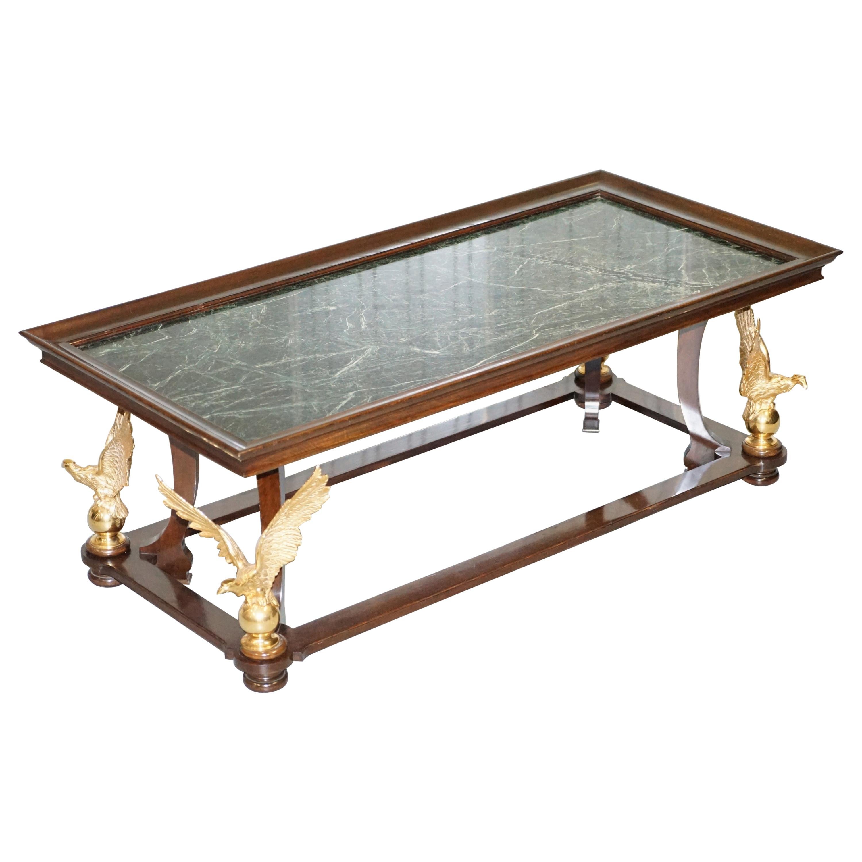 Large and Ornate Green Marble, Hardwood & Gold Gilt Eagle Coffee Cocktail Table For Sale
