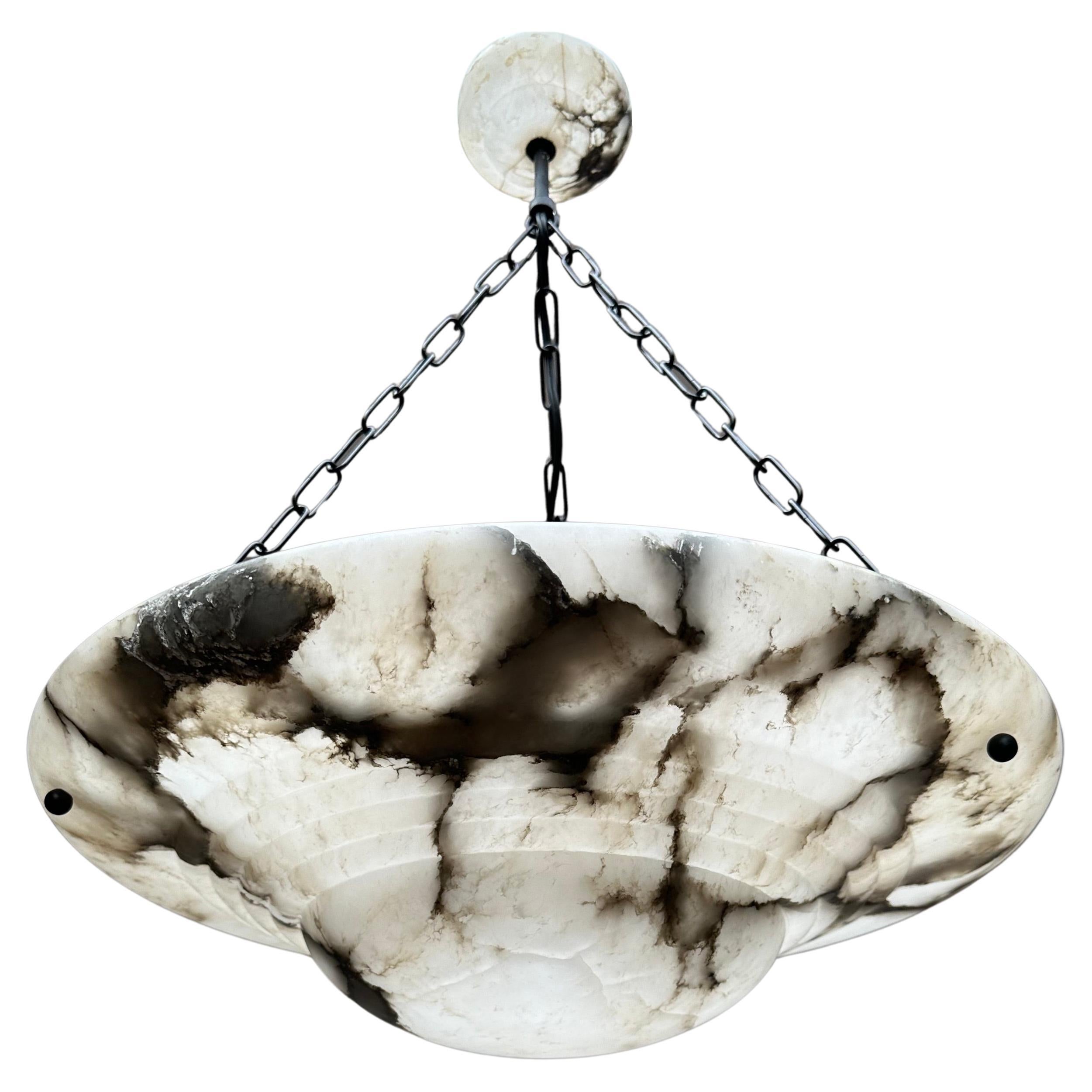 Large & Pure Art Deco Layered White & Black Alabaster Suspension Light Flush Mount