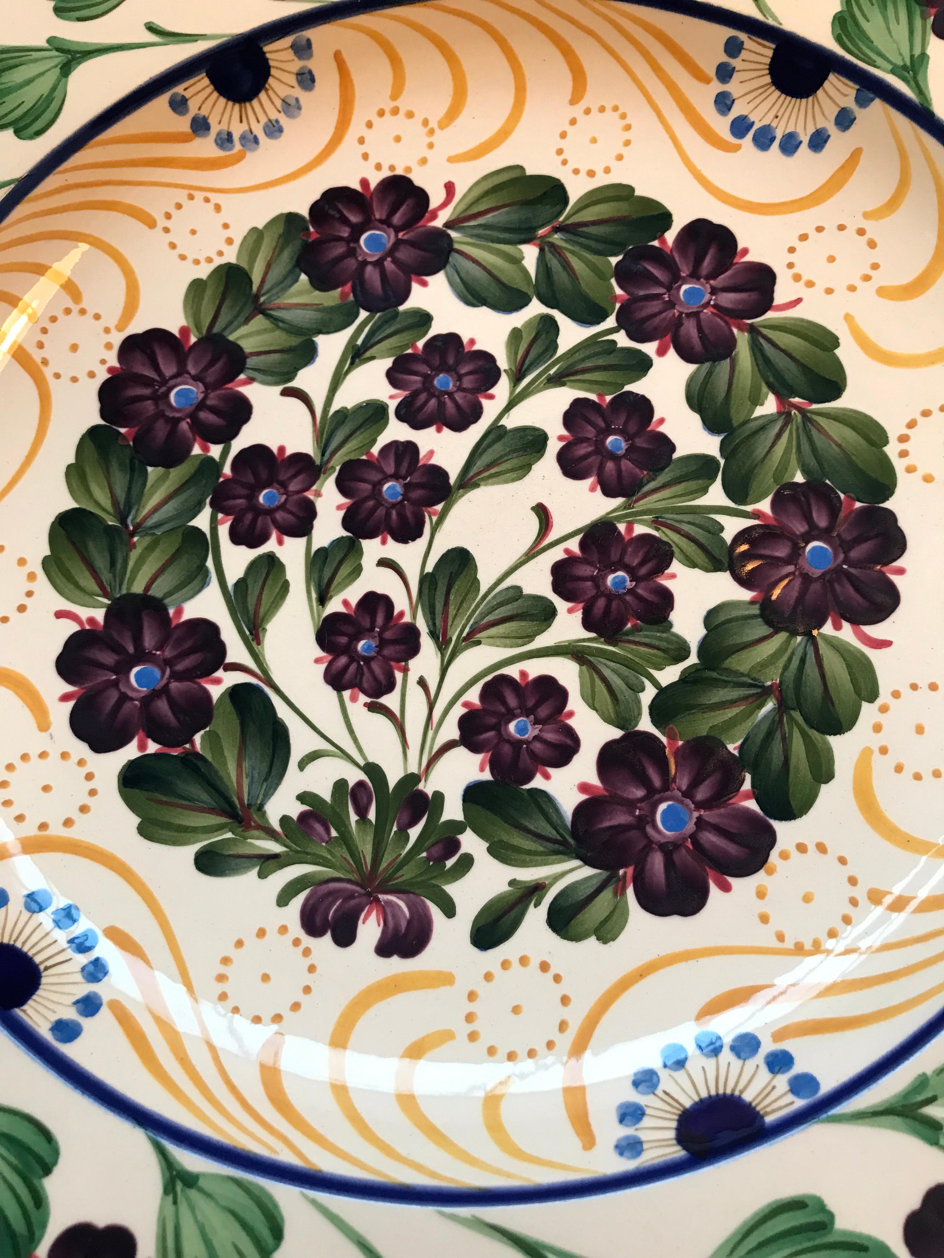 Large and rare 18” antique bowl platter by Aluminia of Copenhagen from circa 1910
Gorgeous hand painted floral Anemone design
Vibrant colors and a beautiful piece of faience that can change a room
Two hair line cracks 2 inches long from the edge