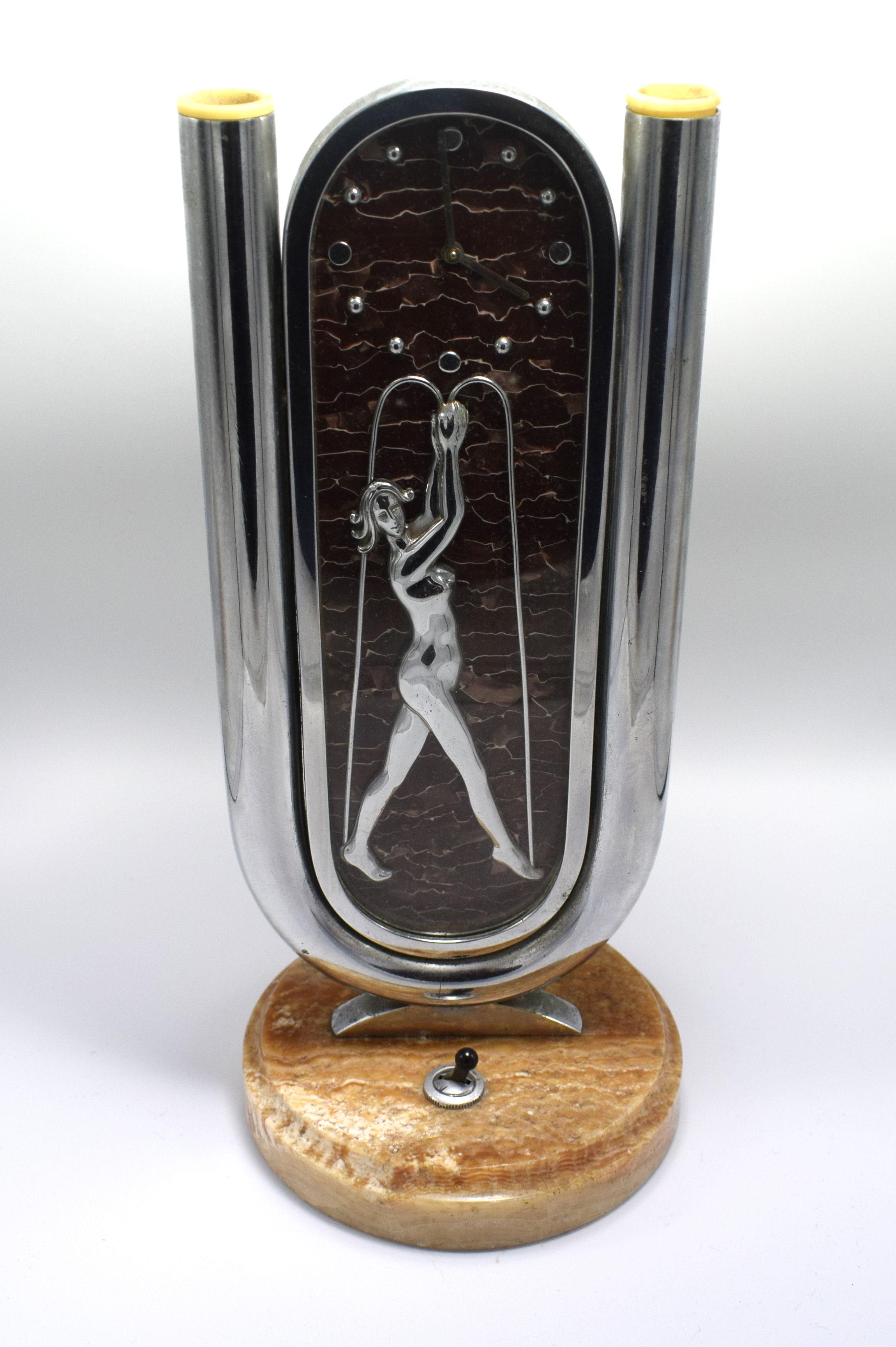 Large and Rare 1930s Art Deco Chrome Figural Clock In Good Condition In Devon, England