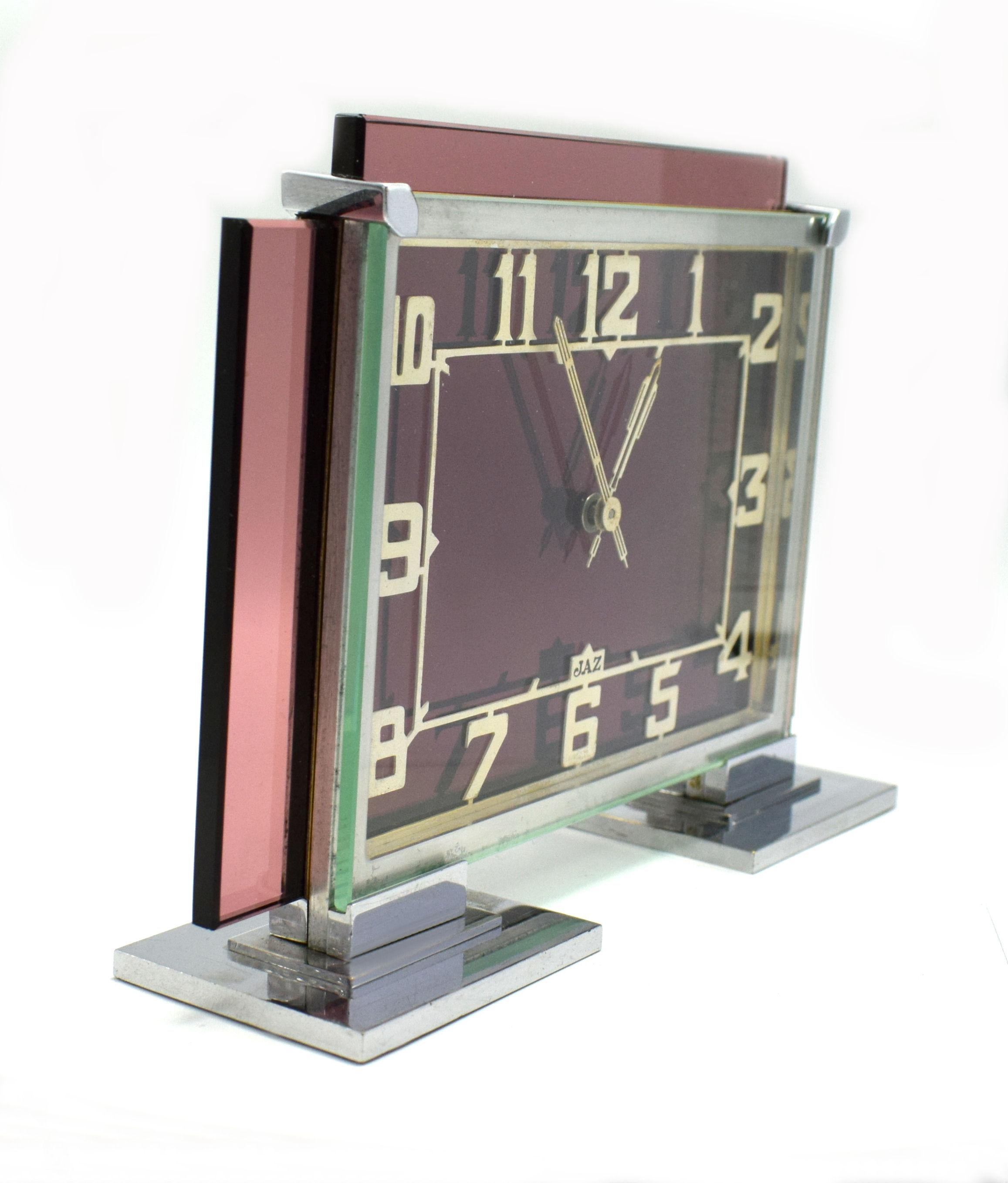 Beveled Rare 1930s Art Deco French Pink Glass Mantle Clock by Jaz