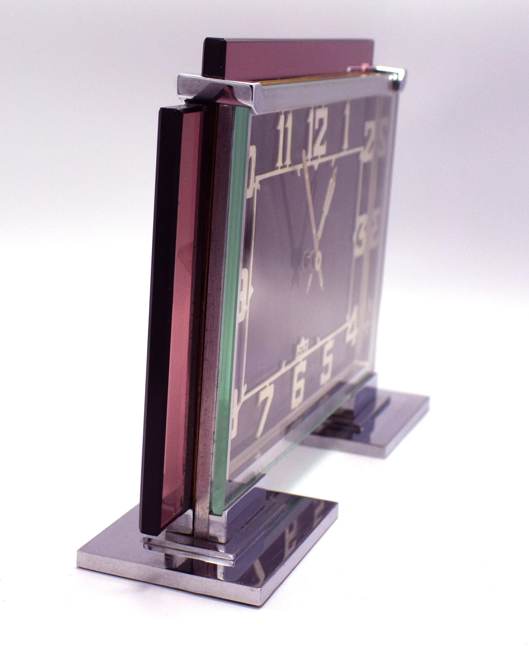 Rare 1930s Art Deco French Pink Glass Mantle Clock by Jaz In Good Condition In Devon, England