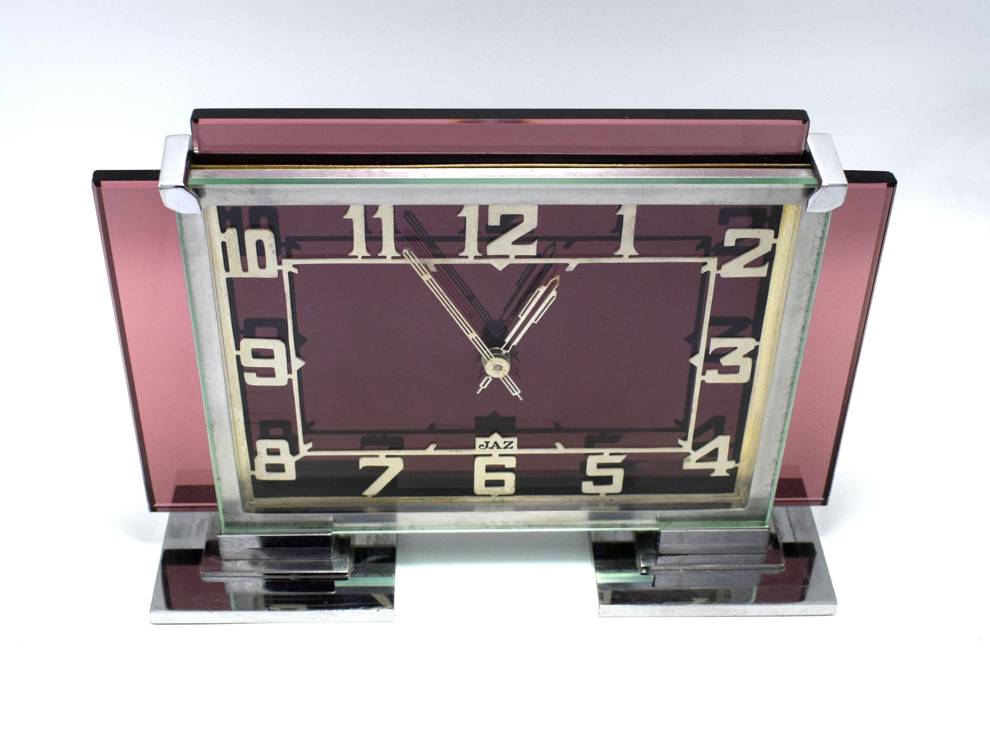 Rare 1930s Art Deco French Pink Glass Mantle Clock by Jaz 2